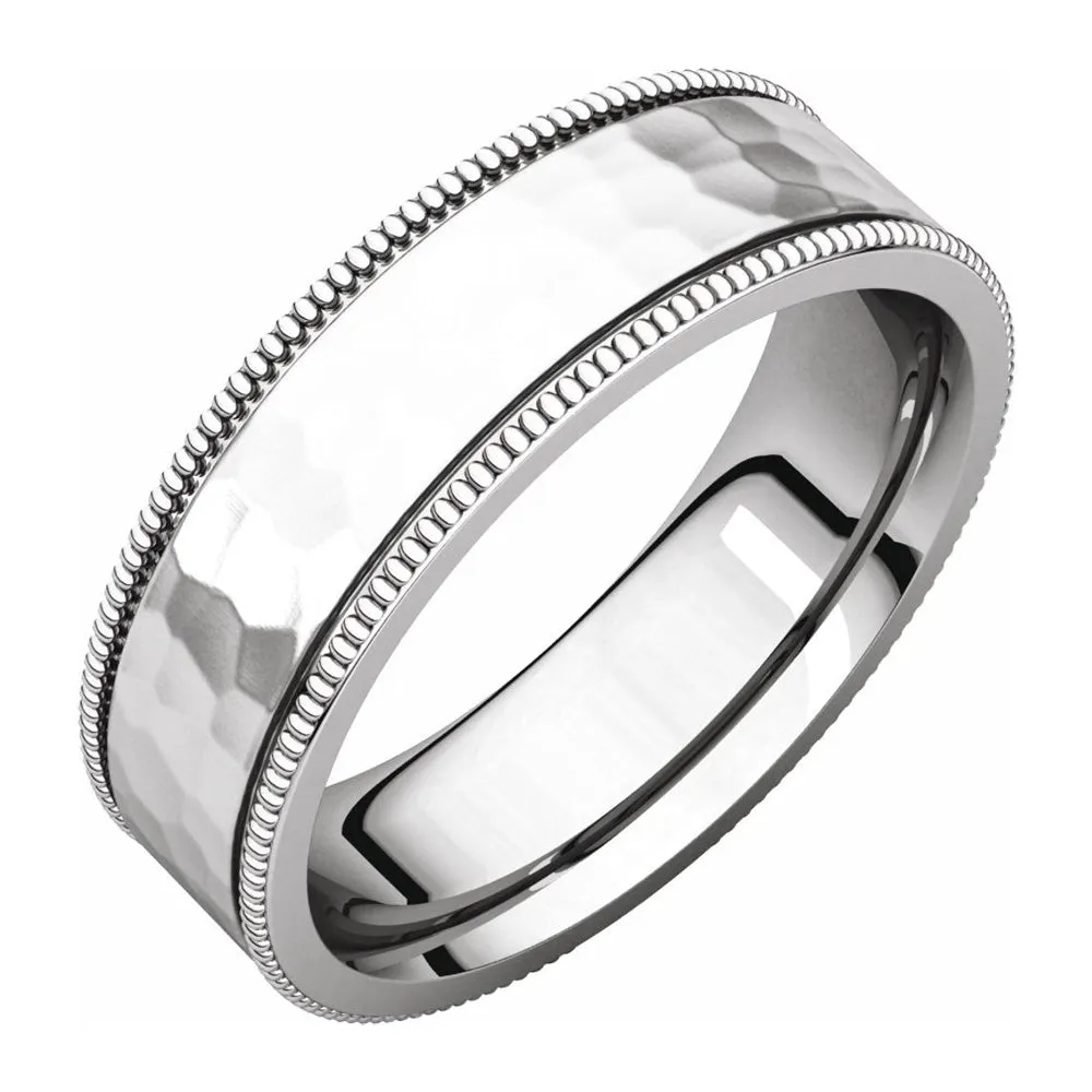 6mm 14K White Gold Milgrain Hammered Flat Comfort Fit Band