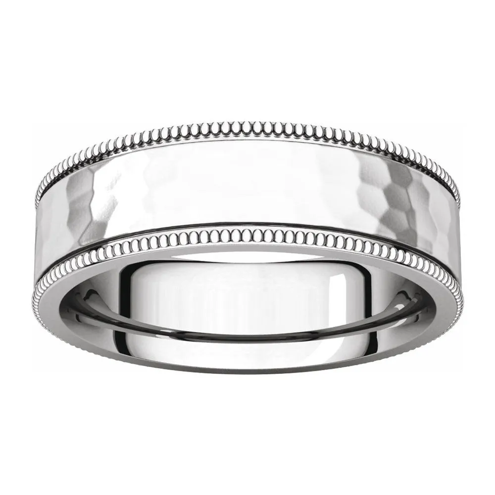 6mm 14K White Gold Milgrain Hammered Flat Comfort Fit Band