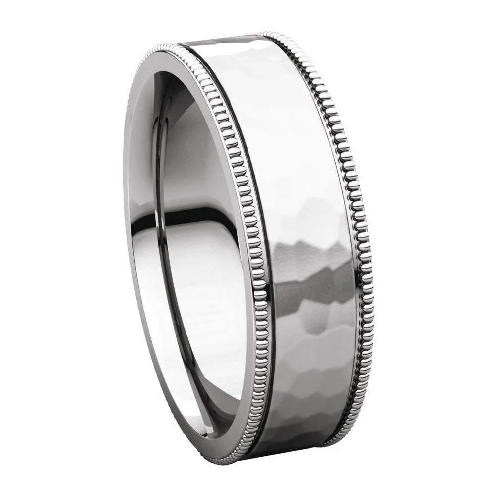 6mm 14K White Gold Milgrain Hammered Flat Comfort Fit Band