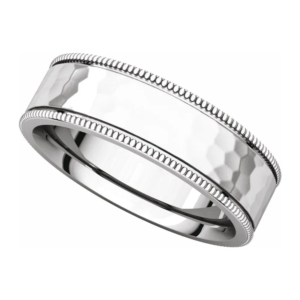 6mm 14K White Gold Milgrain Hammered Flat Comfort Fit Band