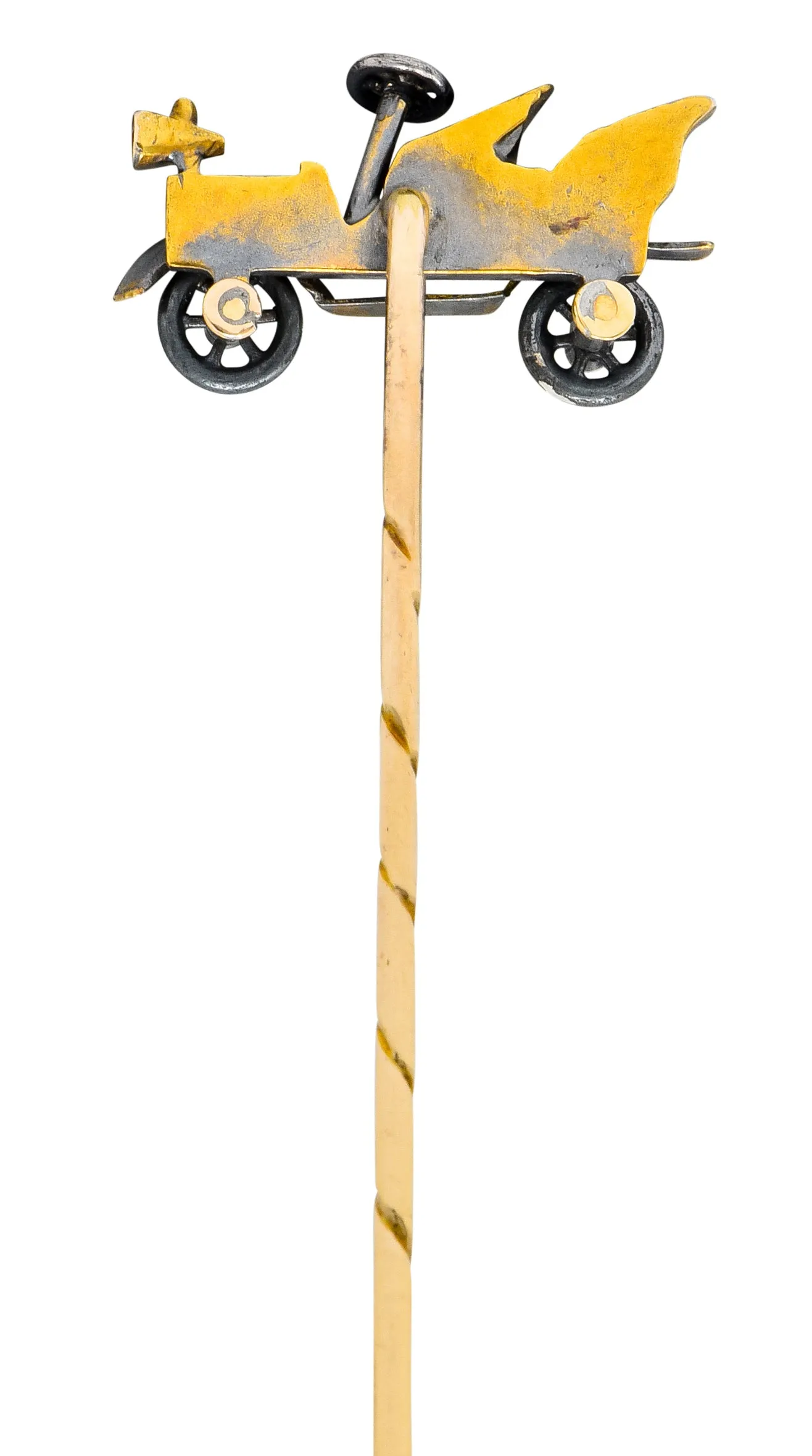 Art Nouveau Articulated 14 Karat Two-Tone Gold Classic Car Stickpin