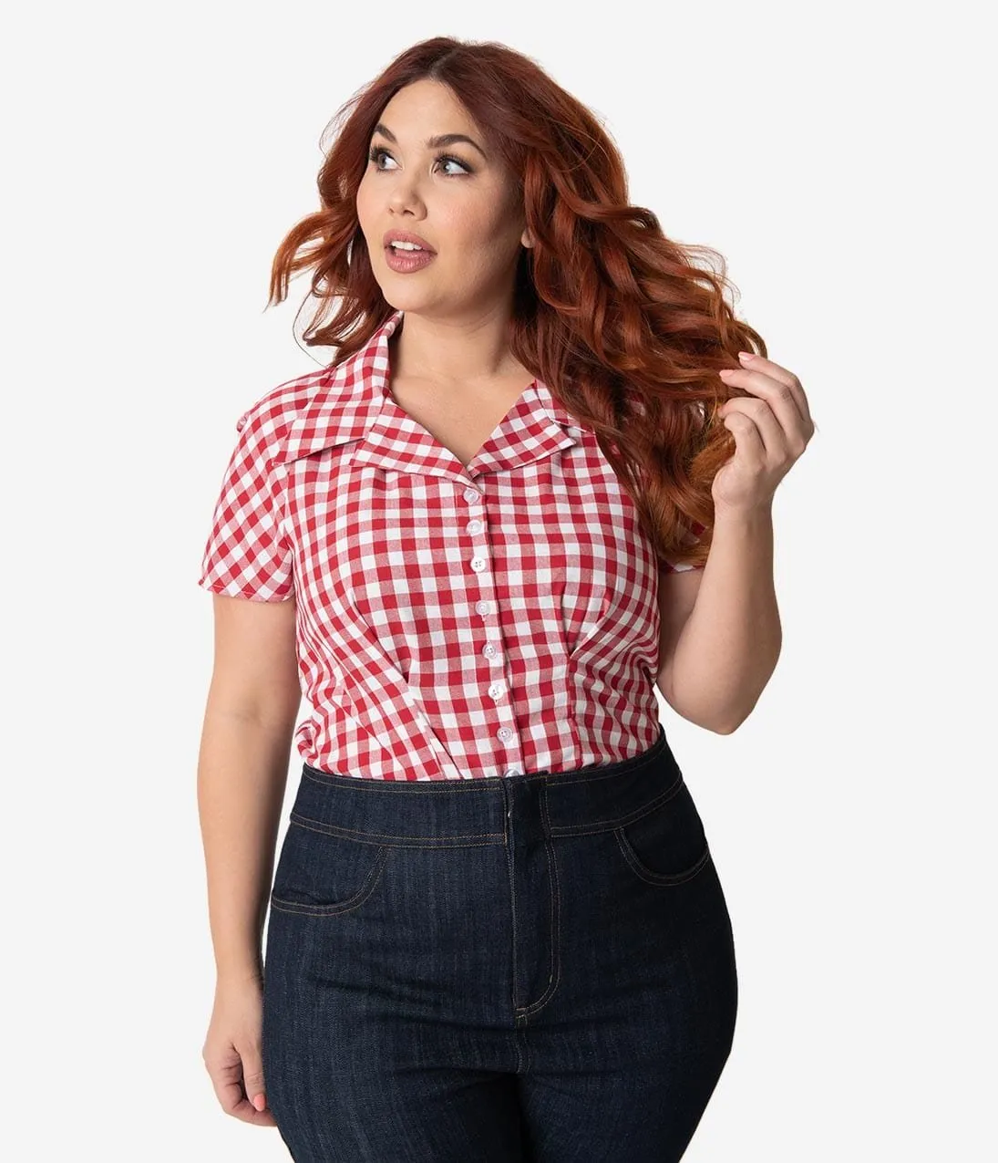 Barbie x Unique Vintage Plus Size Red & White Gingham Woven Picnic Blouse