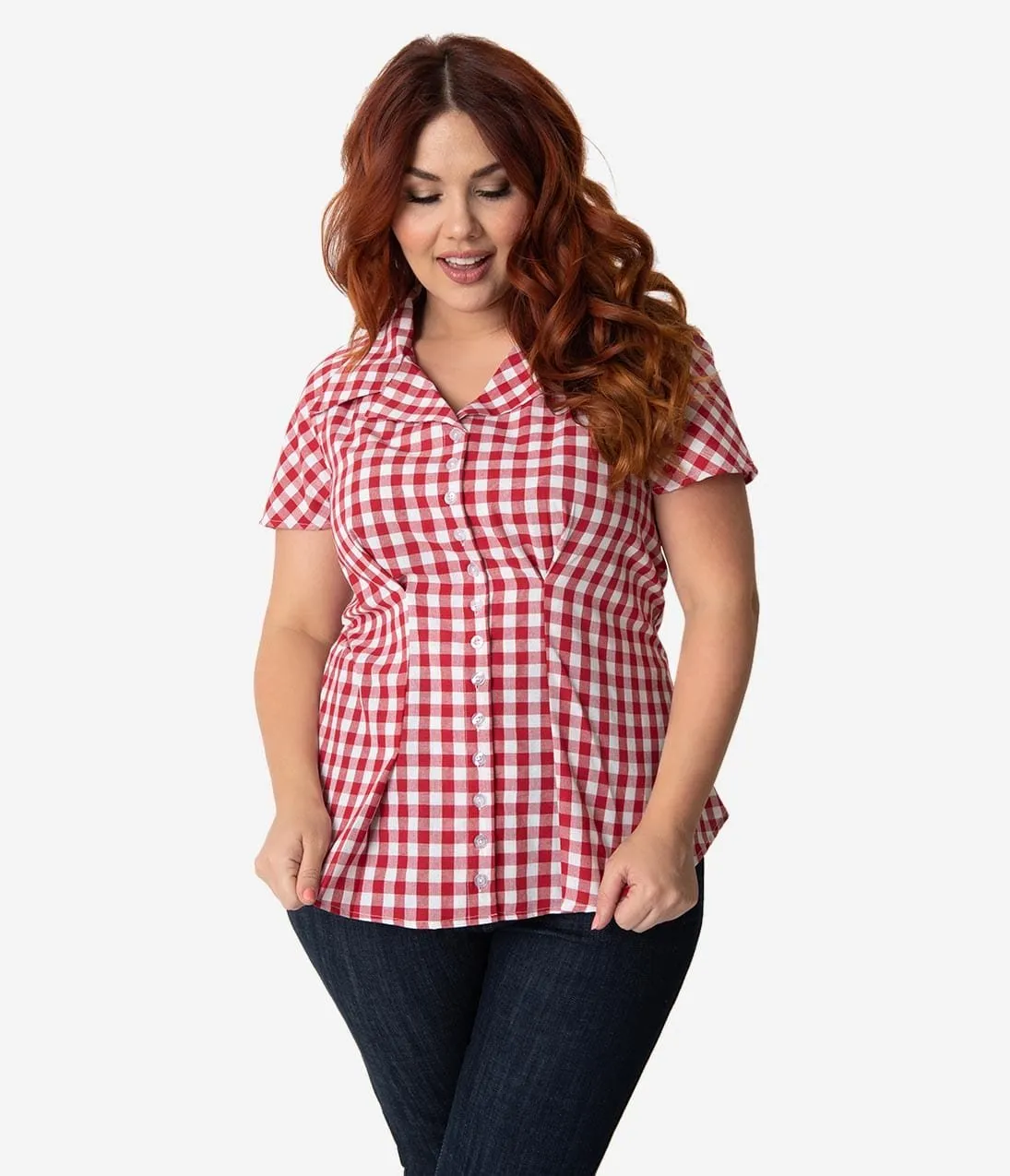 Barbie x Unique Vintage Plus Size Red & White Gingham Woven Picnic Blouse