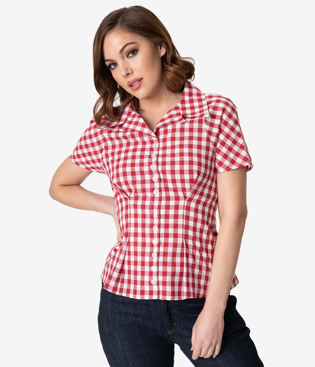 Barbie x Unique Vintage Red & White Gingham Woven Picnic Blouse