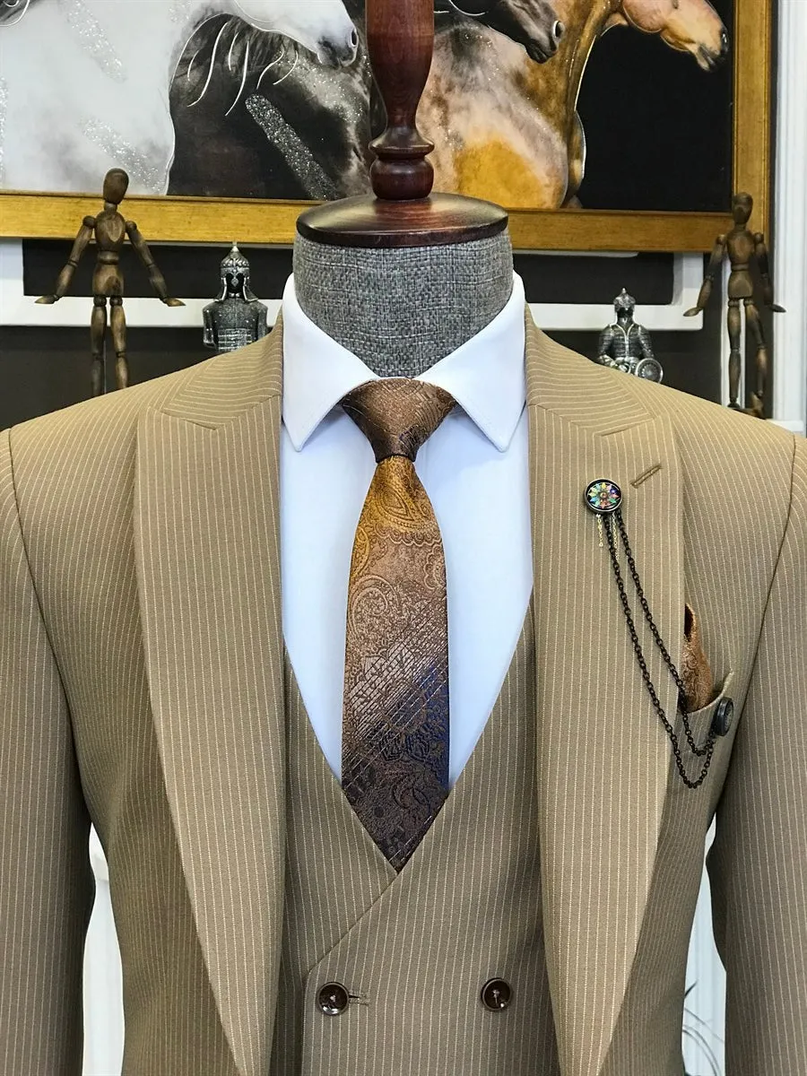 Bojoni Camel Striped Slim-Fit Suit 3-Piece