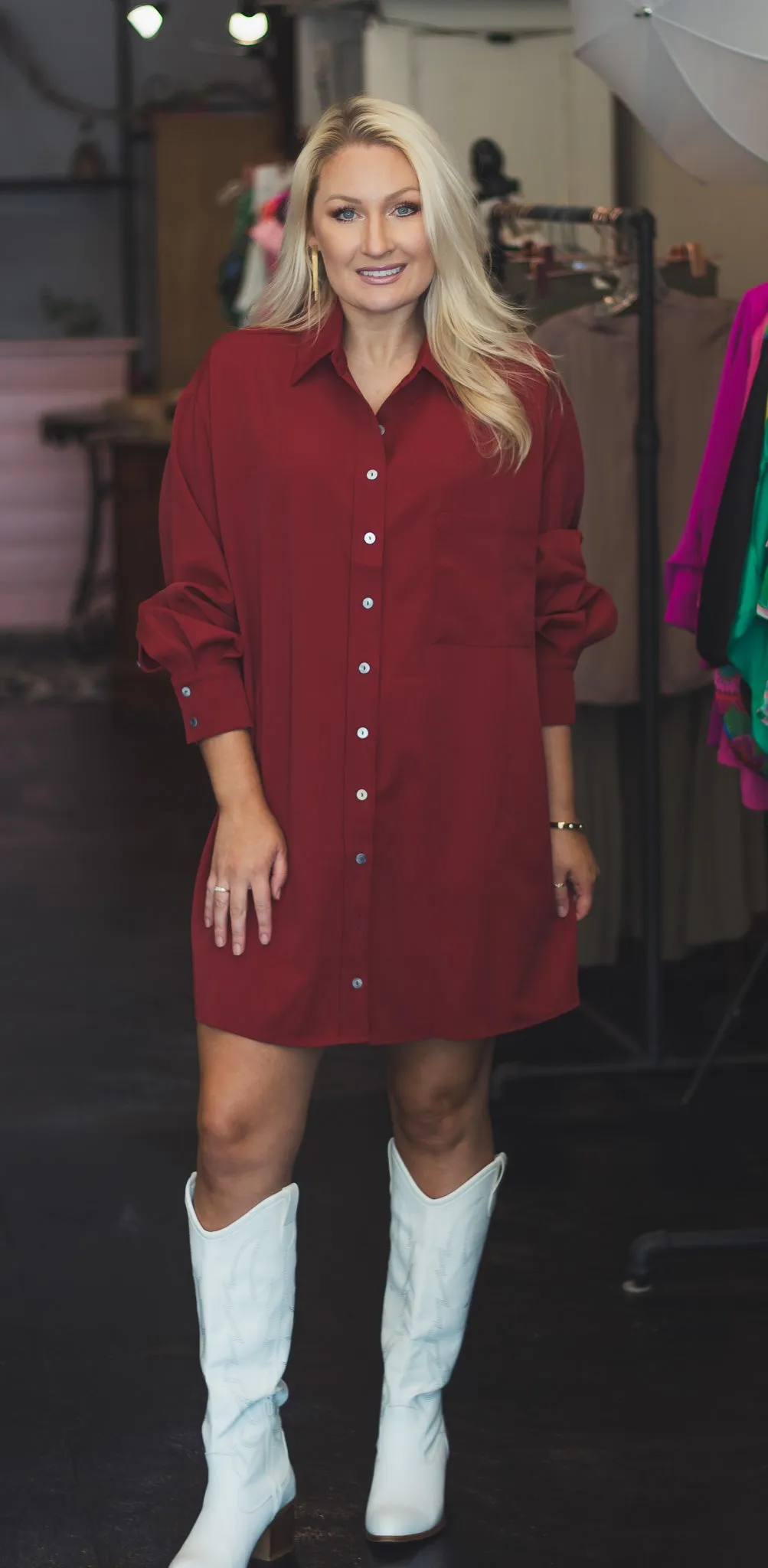 Burgundy Classic Button Dress