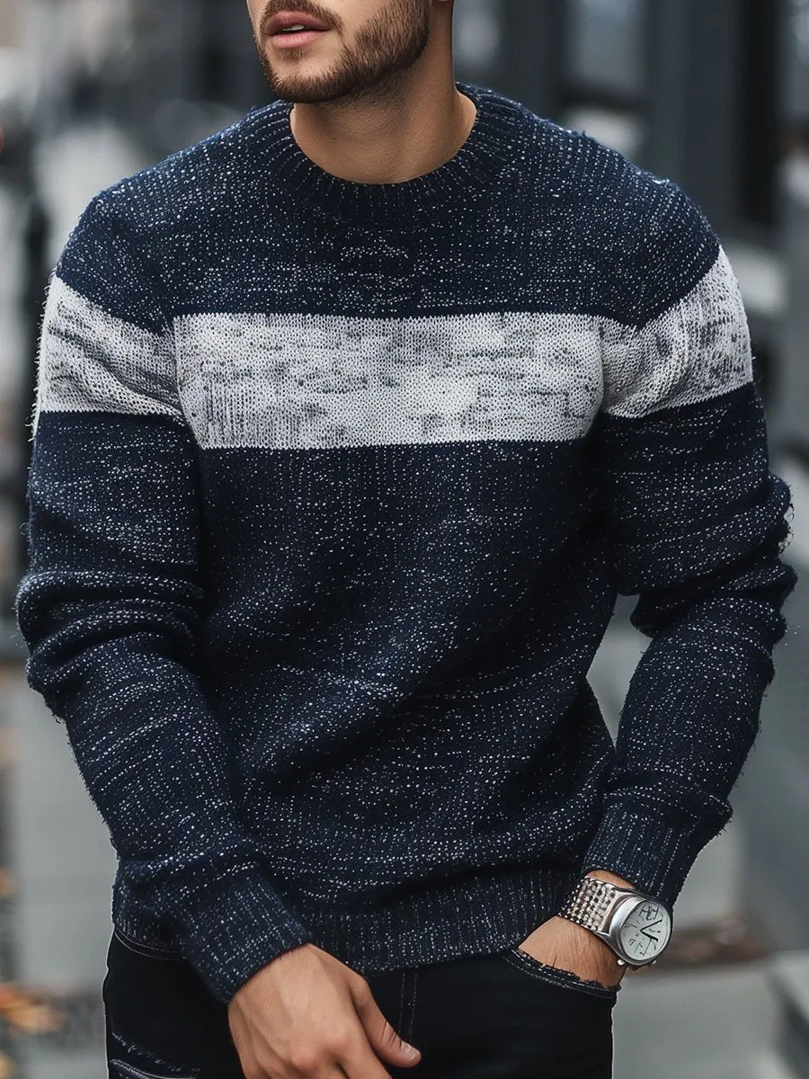 Casual Contrast Color Stitching Crew Neck Sweater