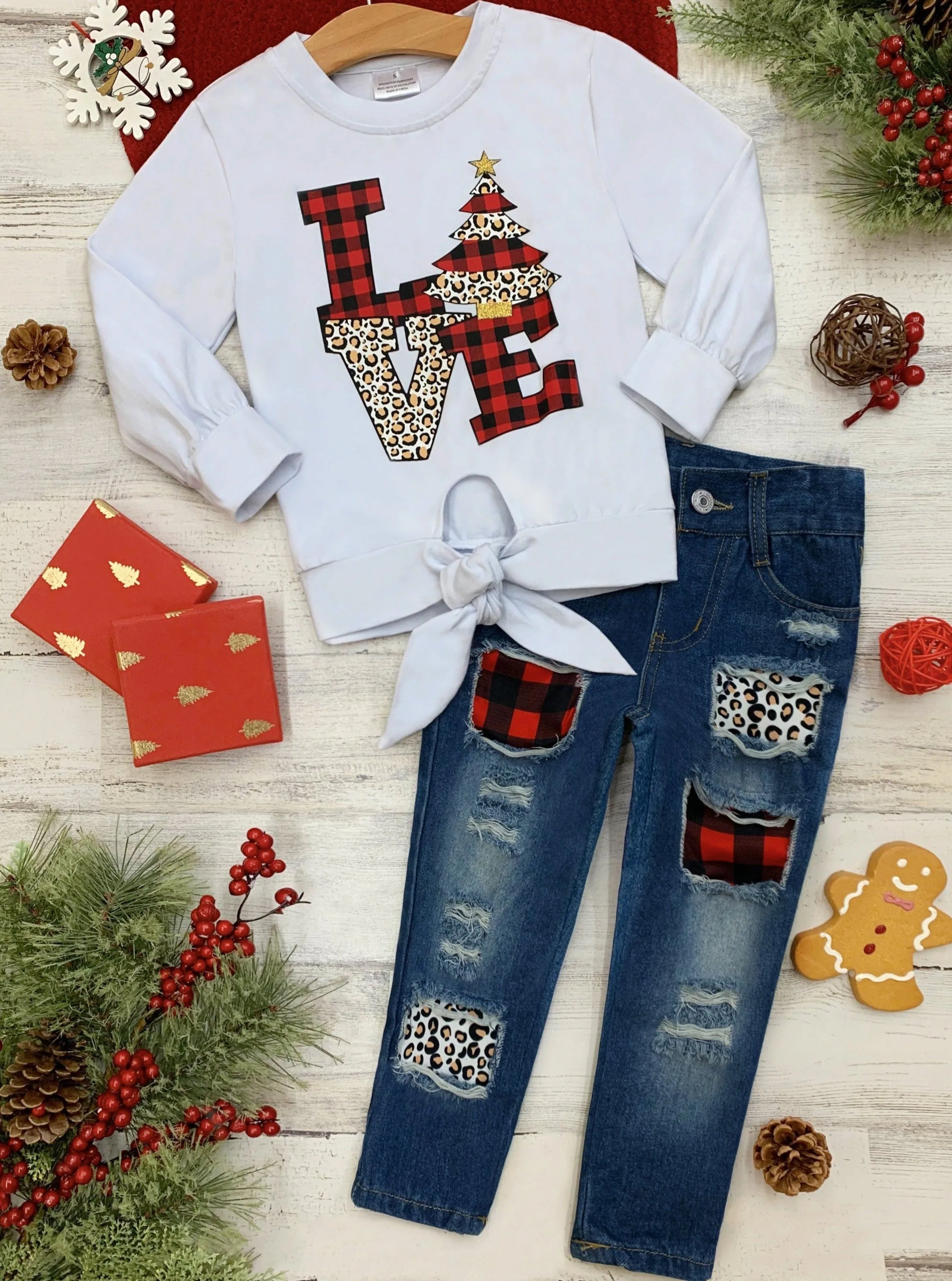 Christmas Love Knot Hem Top and Patched Jeans Set