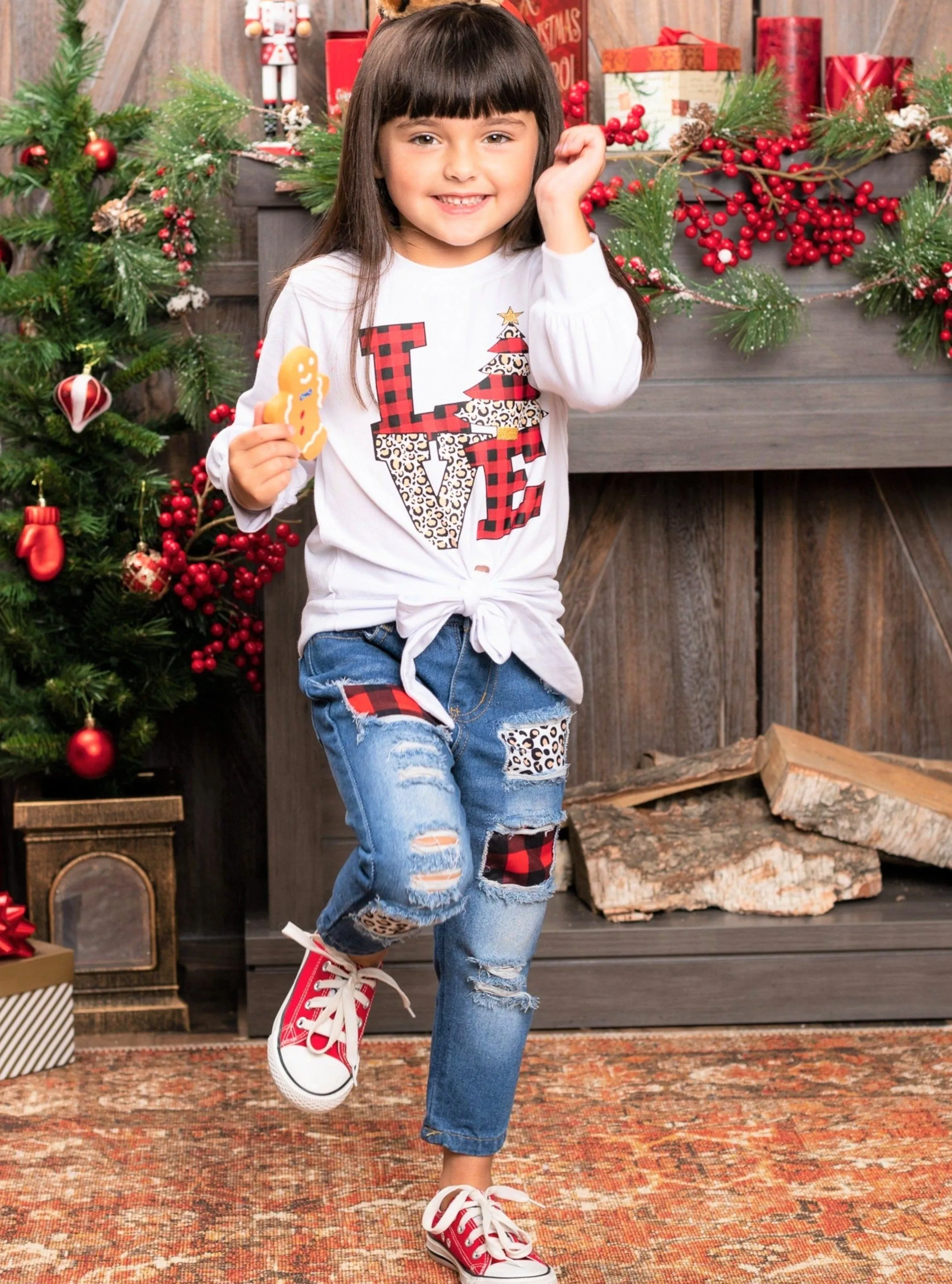 Christmas Love Knot Hem Top and Patched Jeans Set