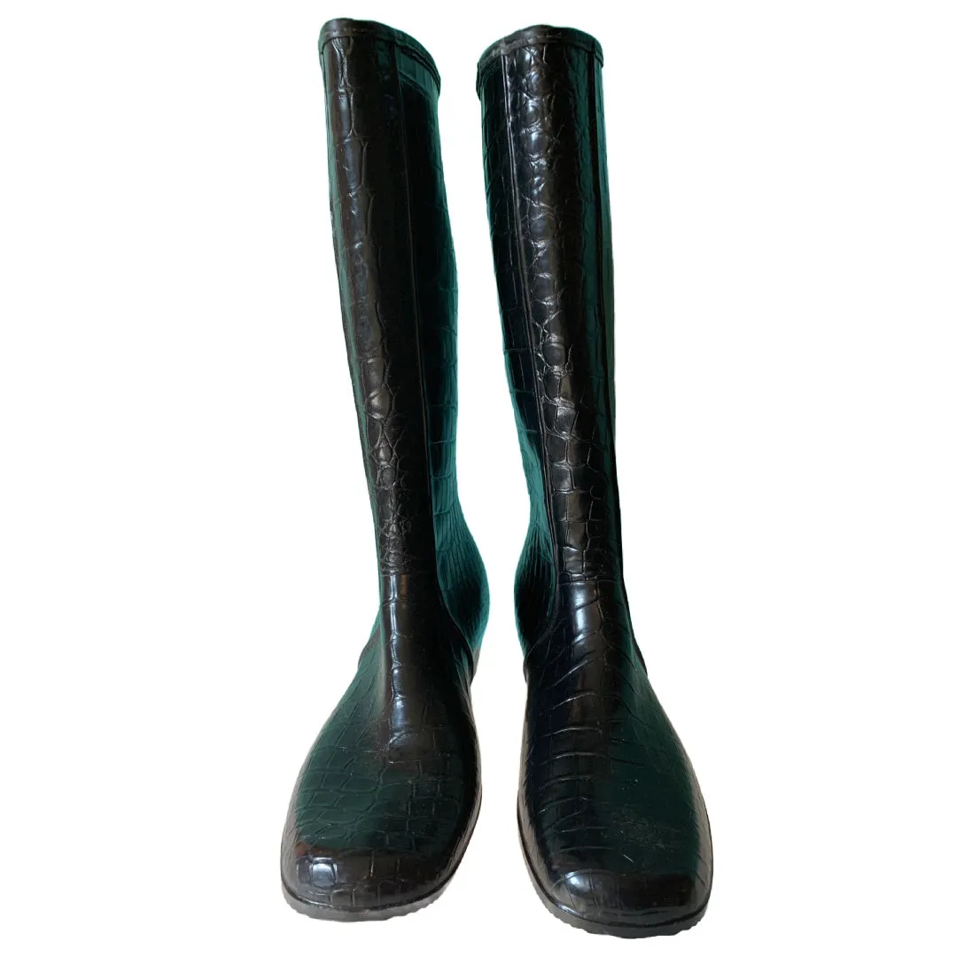 Crocodile Textured Black Rubber Rain Boots circa 1970s US 10