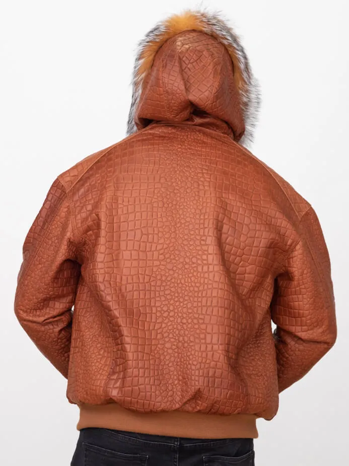 Embossed Leather Bomber Jacket with fox fur trimmed hood Style #2266H