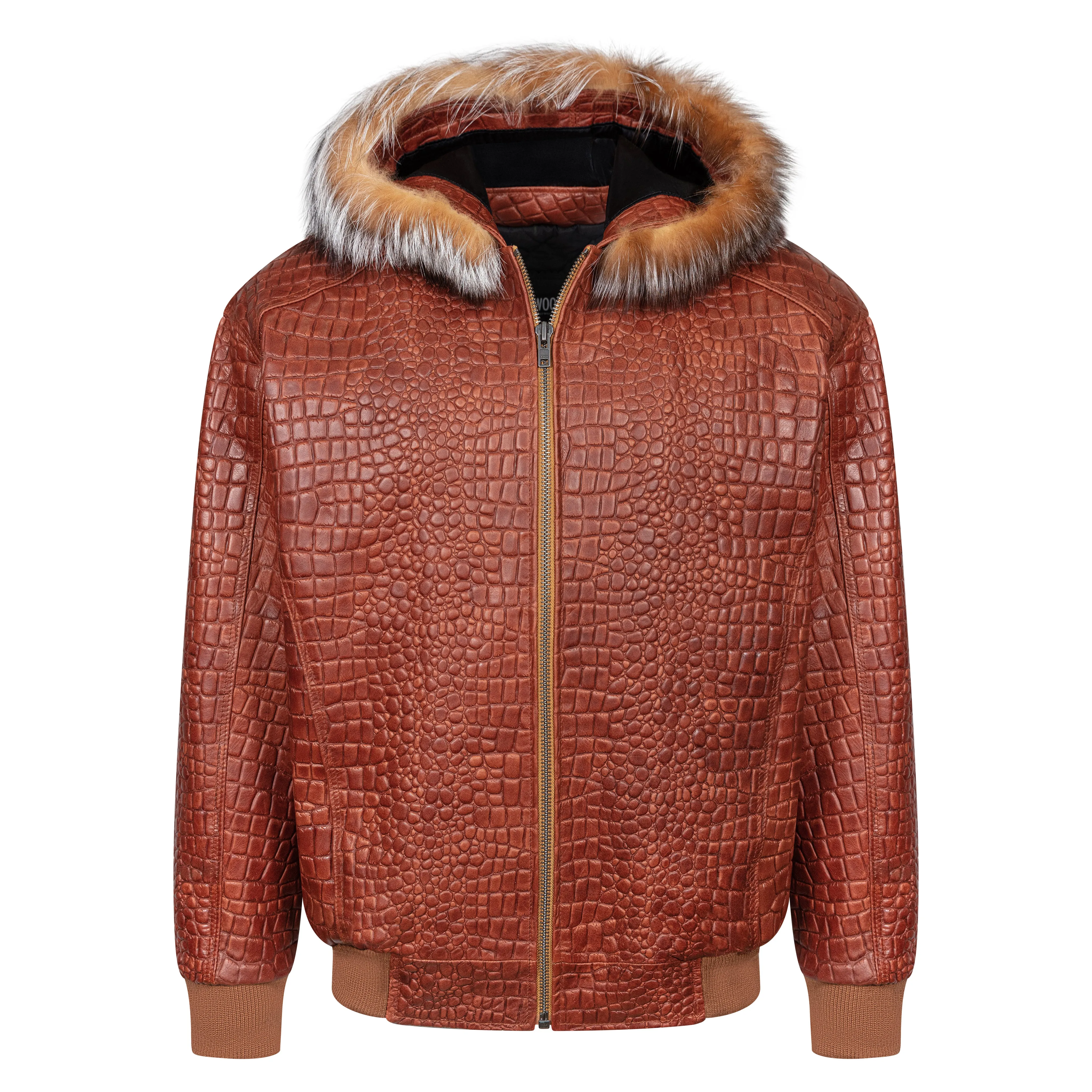 Embossed Leather Bomber Jacket with fox fur trimmed hood Style #2266H