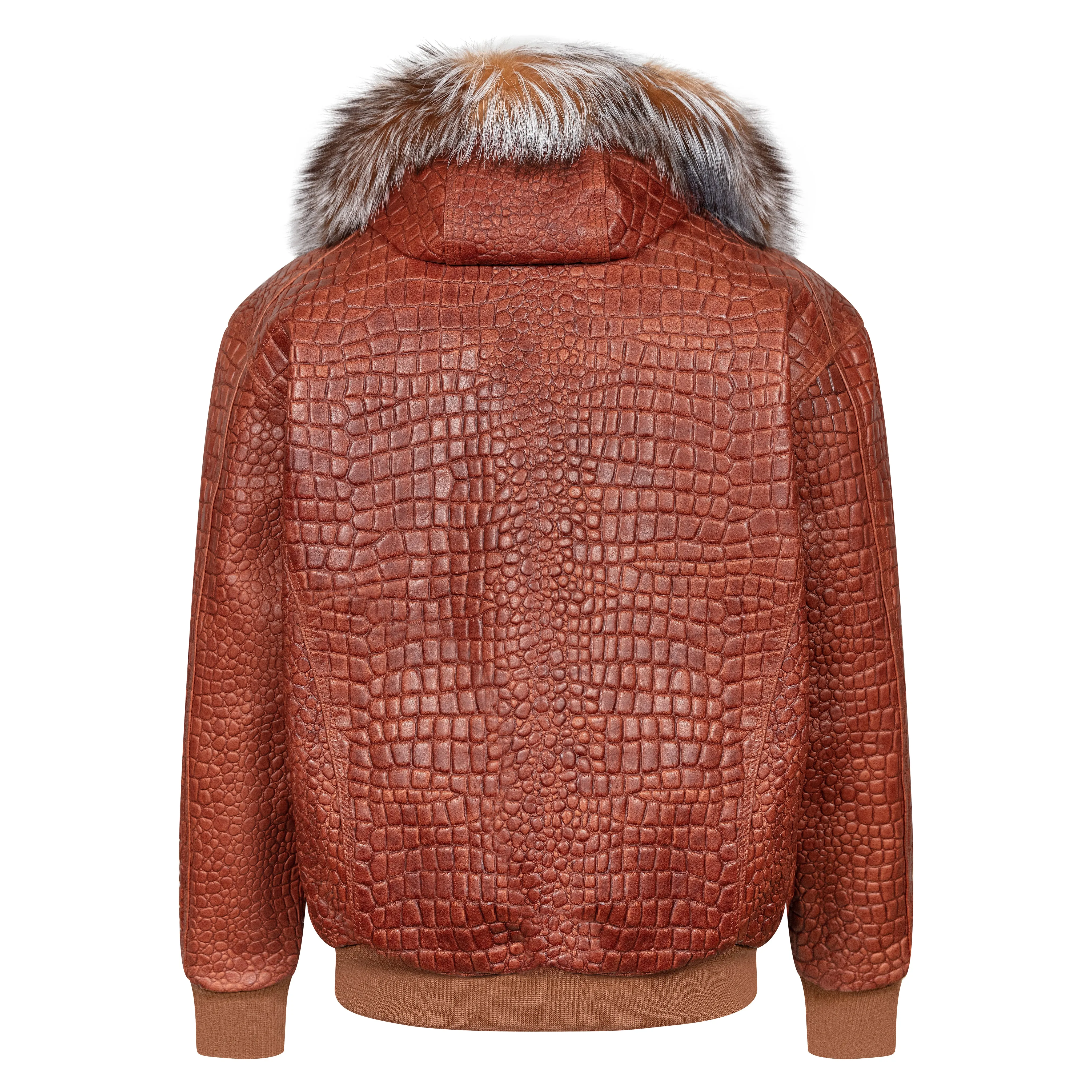 Embossed Leather Bomber Jacket with fox fur trimmed hood Style #2266H