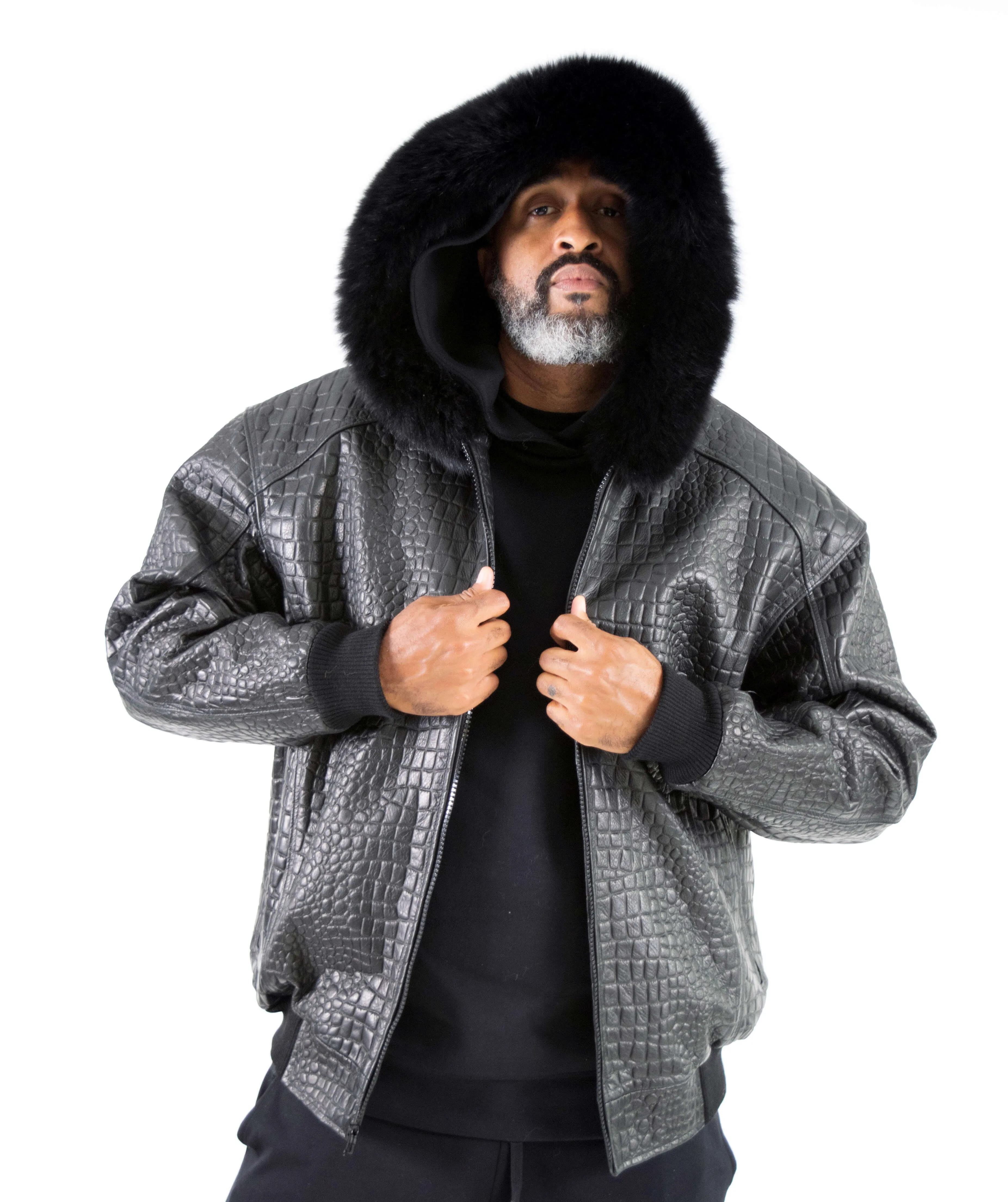 Embossed Leather Bomber Jacket with fox fur trimmed hood Style #2266H