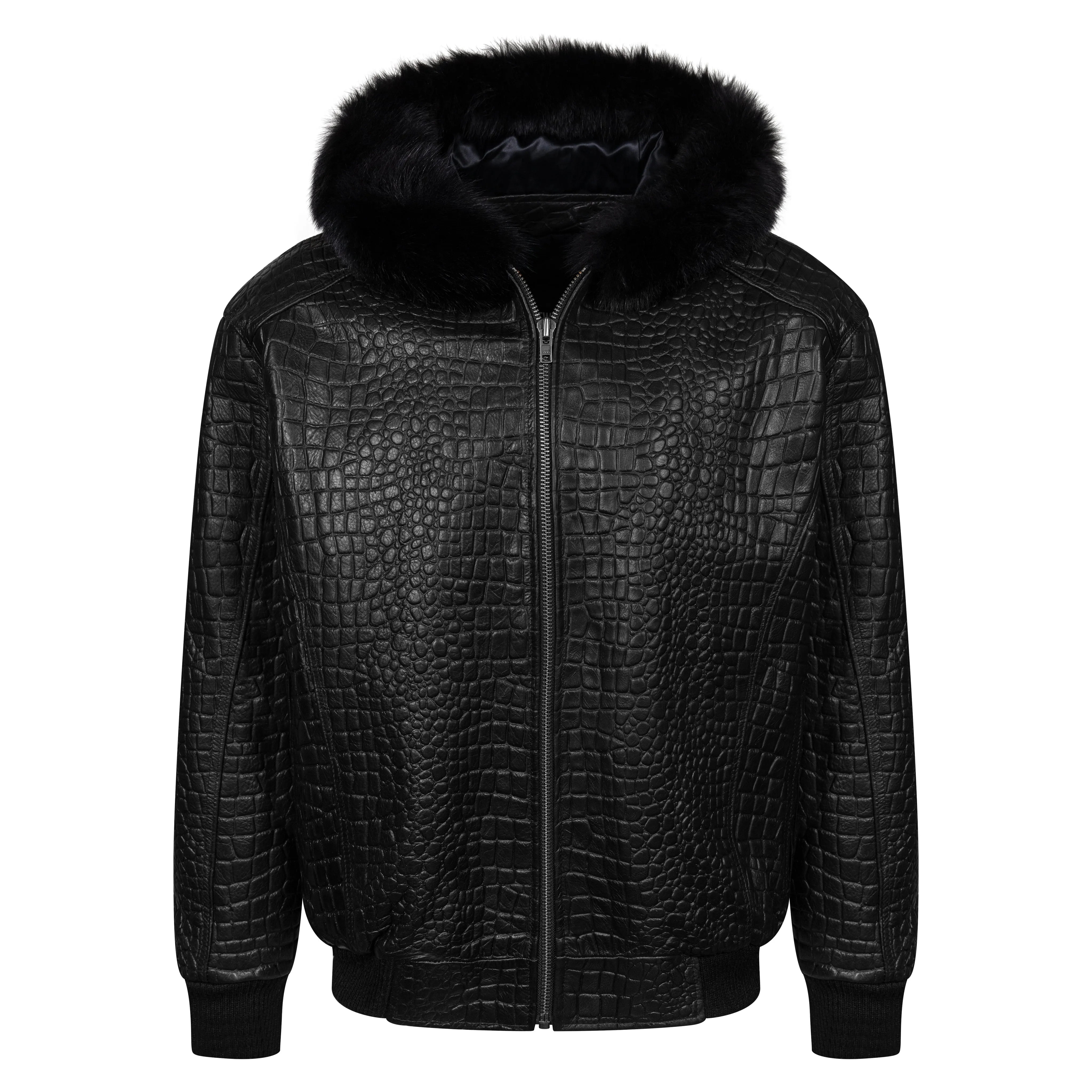 Embossed Leather Bomber Jacket with fox fur trimmed hood Style #2266H