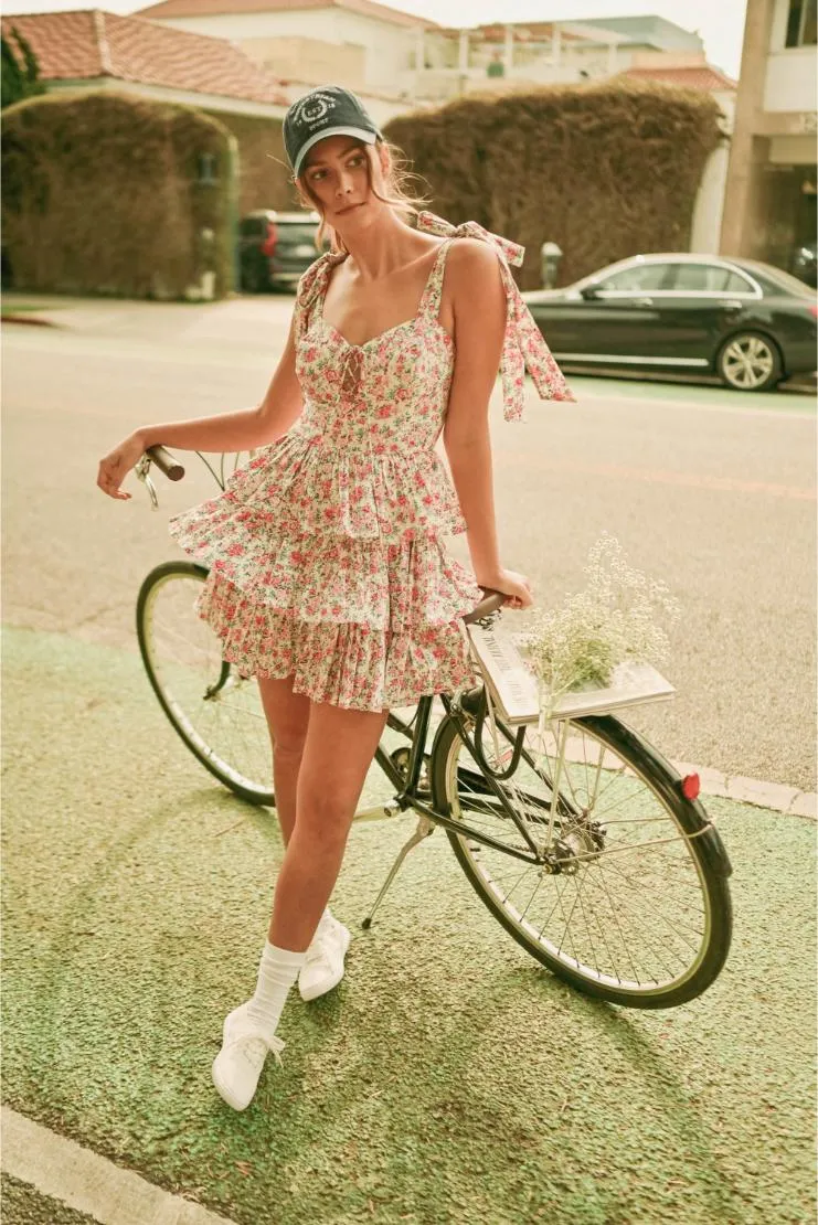 Emma Shabby Chic Floral Tiered Mini Dress - Ivory