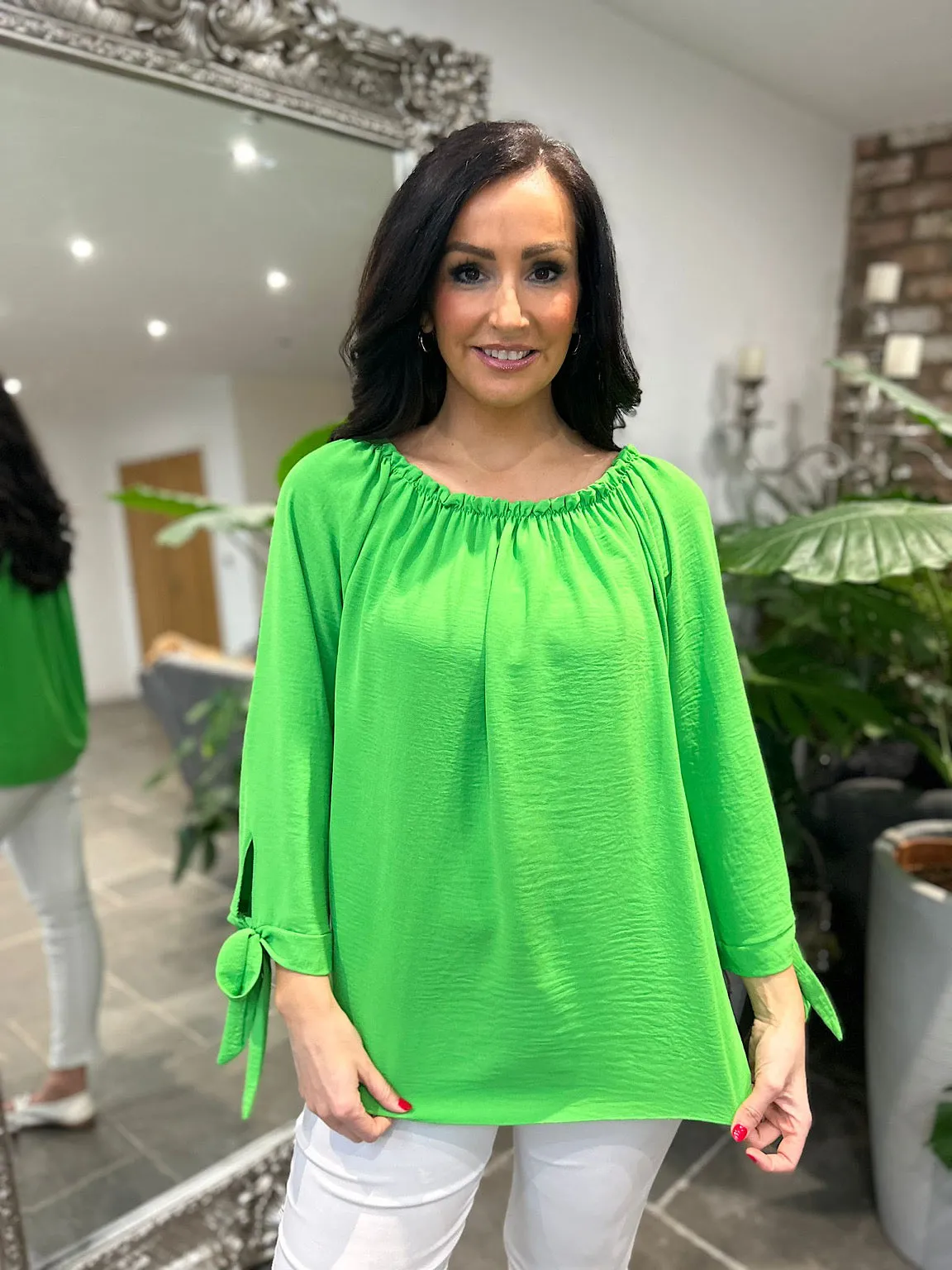 Green Tied Sleeve Bardot Top Trinity