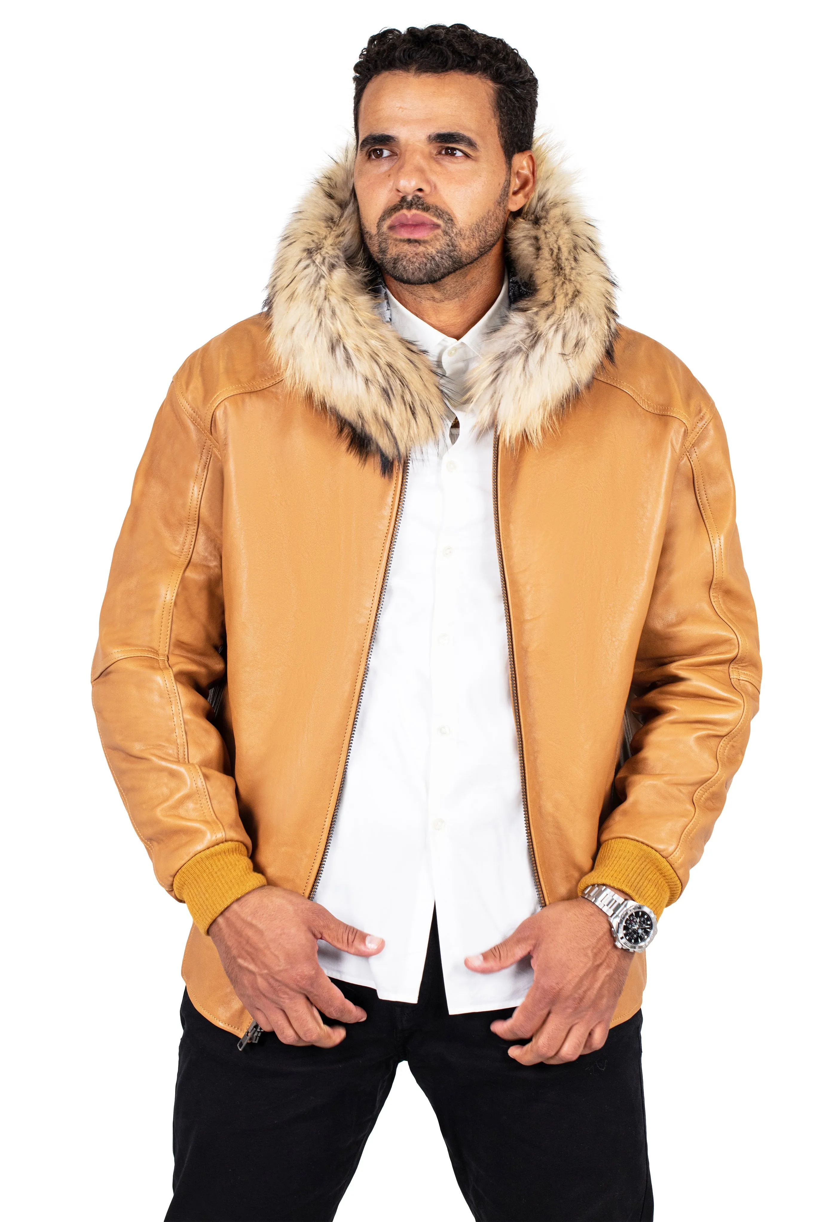 Heavyweight lambskin leather jacket with fox fur trimmed hood Style #2066F