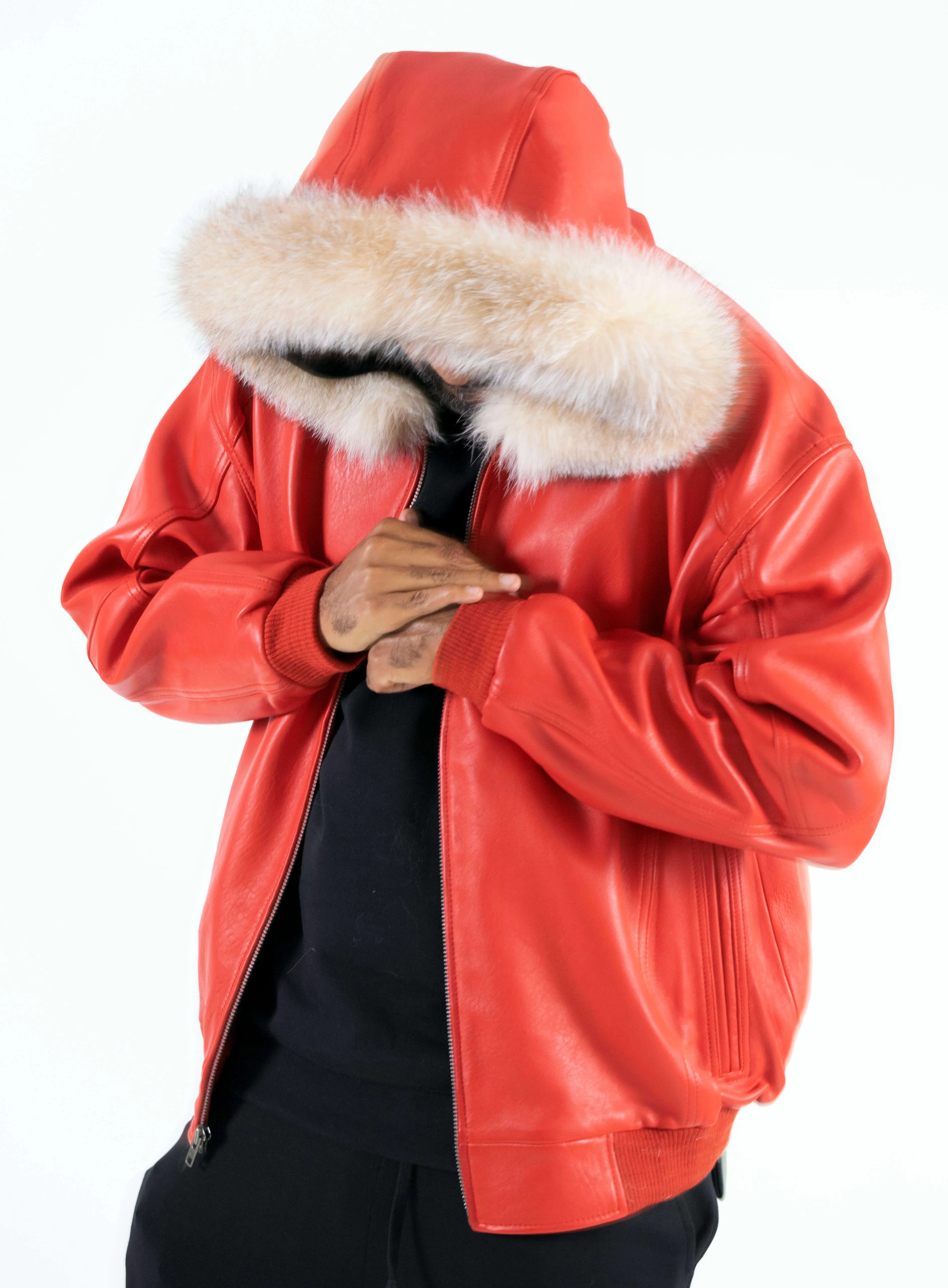 Heavyweight lambskin leather jacket with fox fur trimmed hood Style #2066F