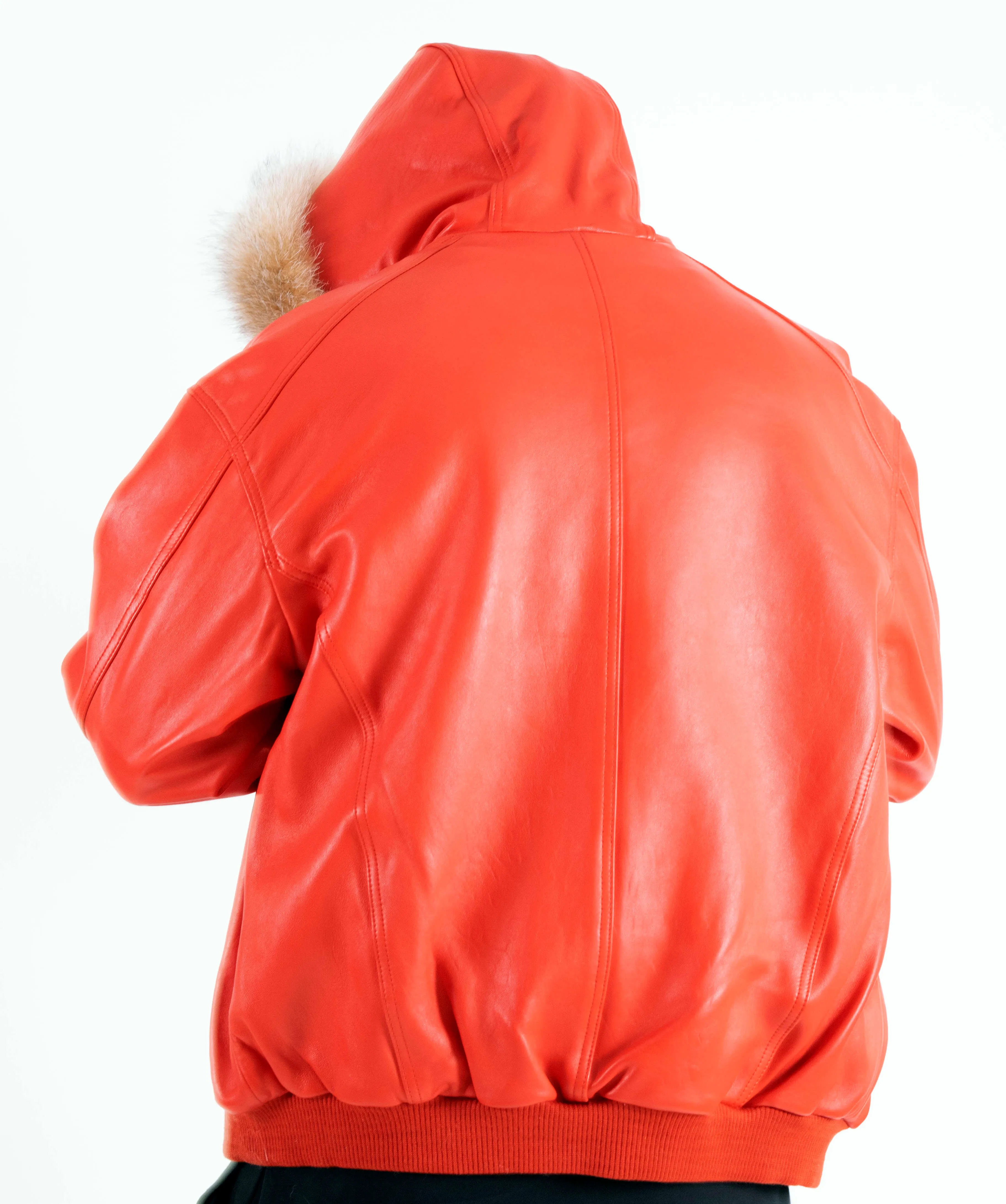 Heavyweight lambskin leather jacket with fox fur trimmed hood Style #2066F