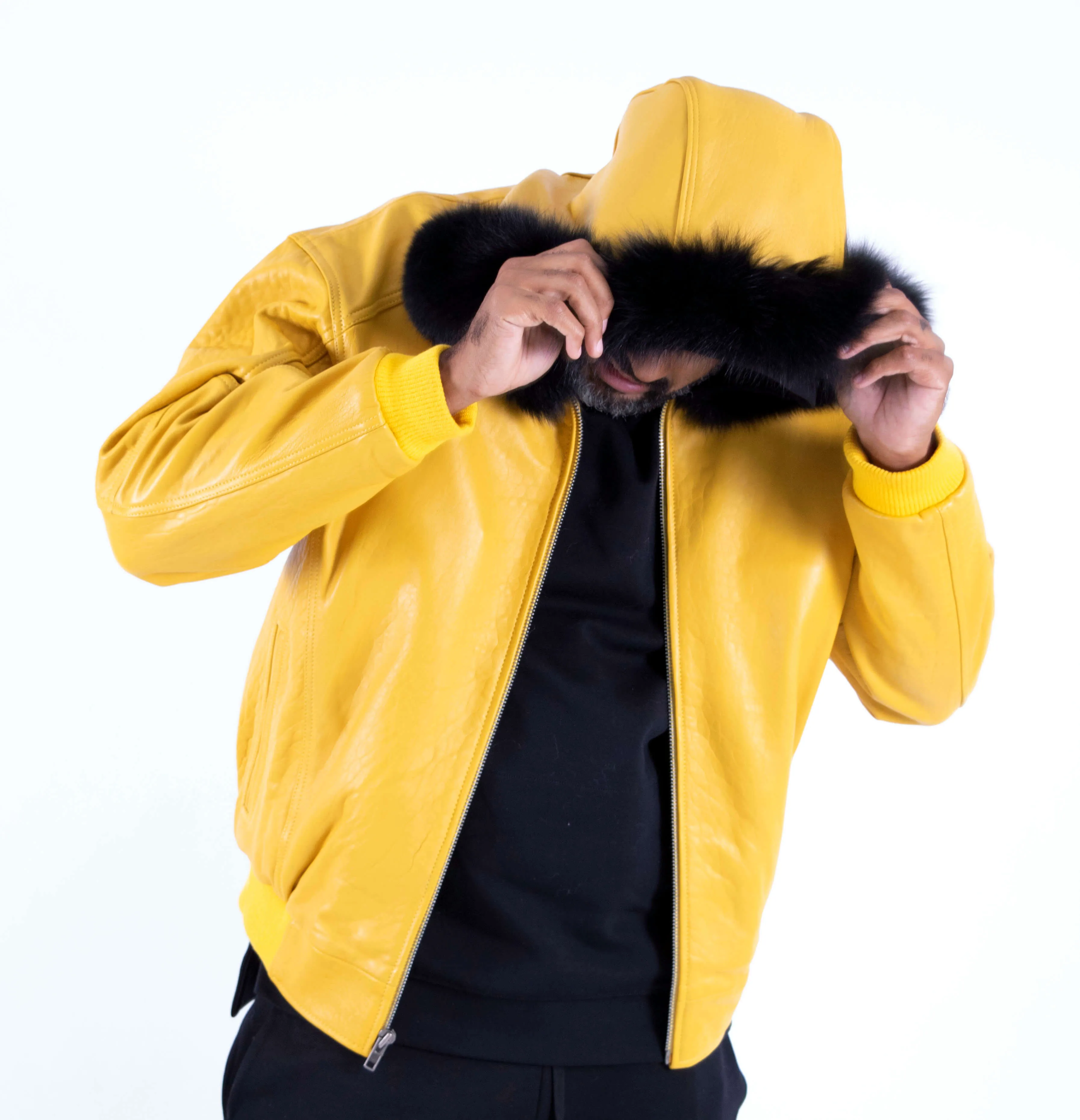 Heavyweight lambskin leather jacket with fox fur trimmed hood Style #2066F