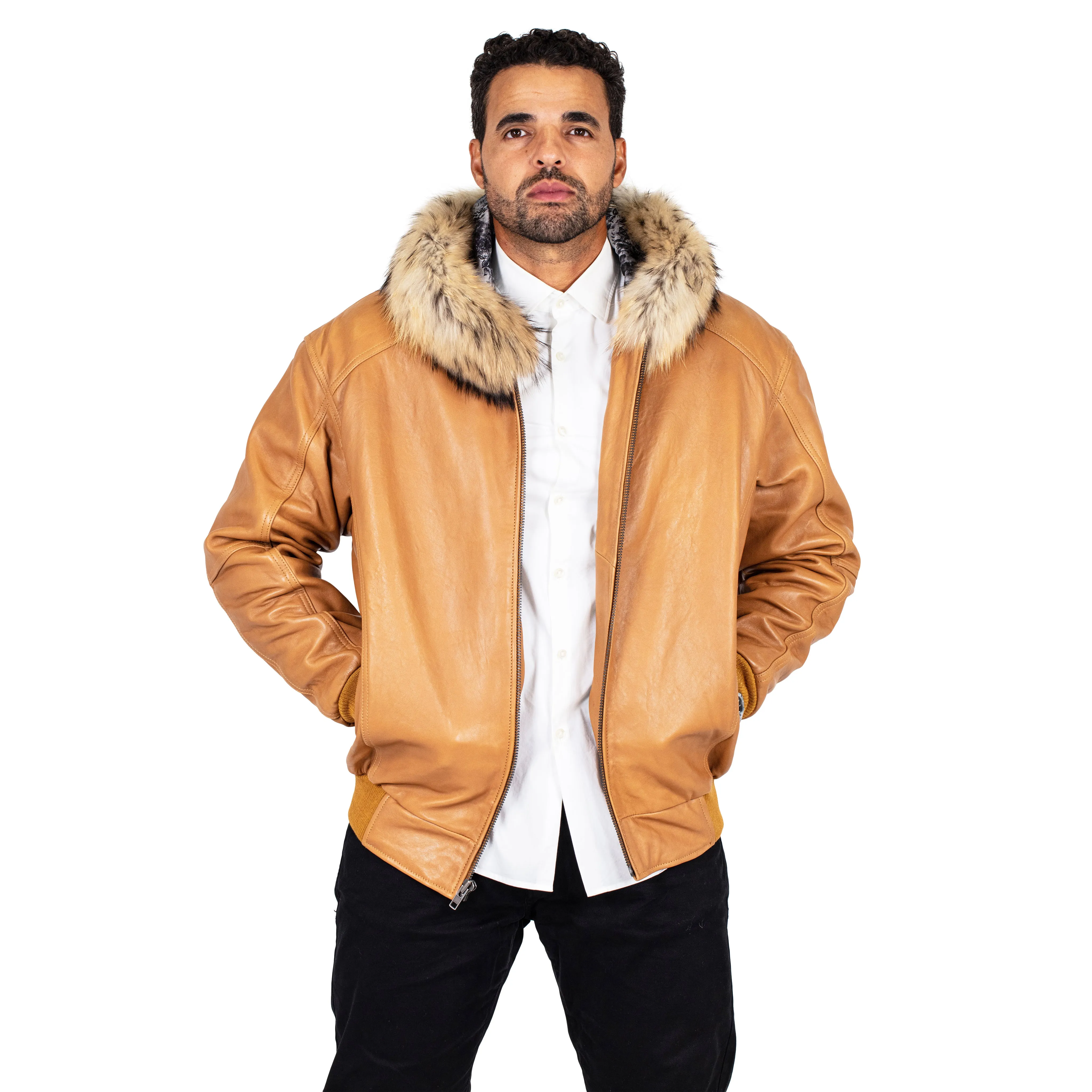 Heavyweight lambskin leather jacket with fox fur trimmed hood Style #2066F