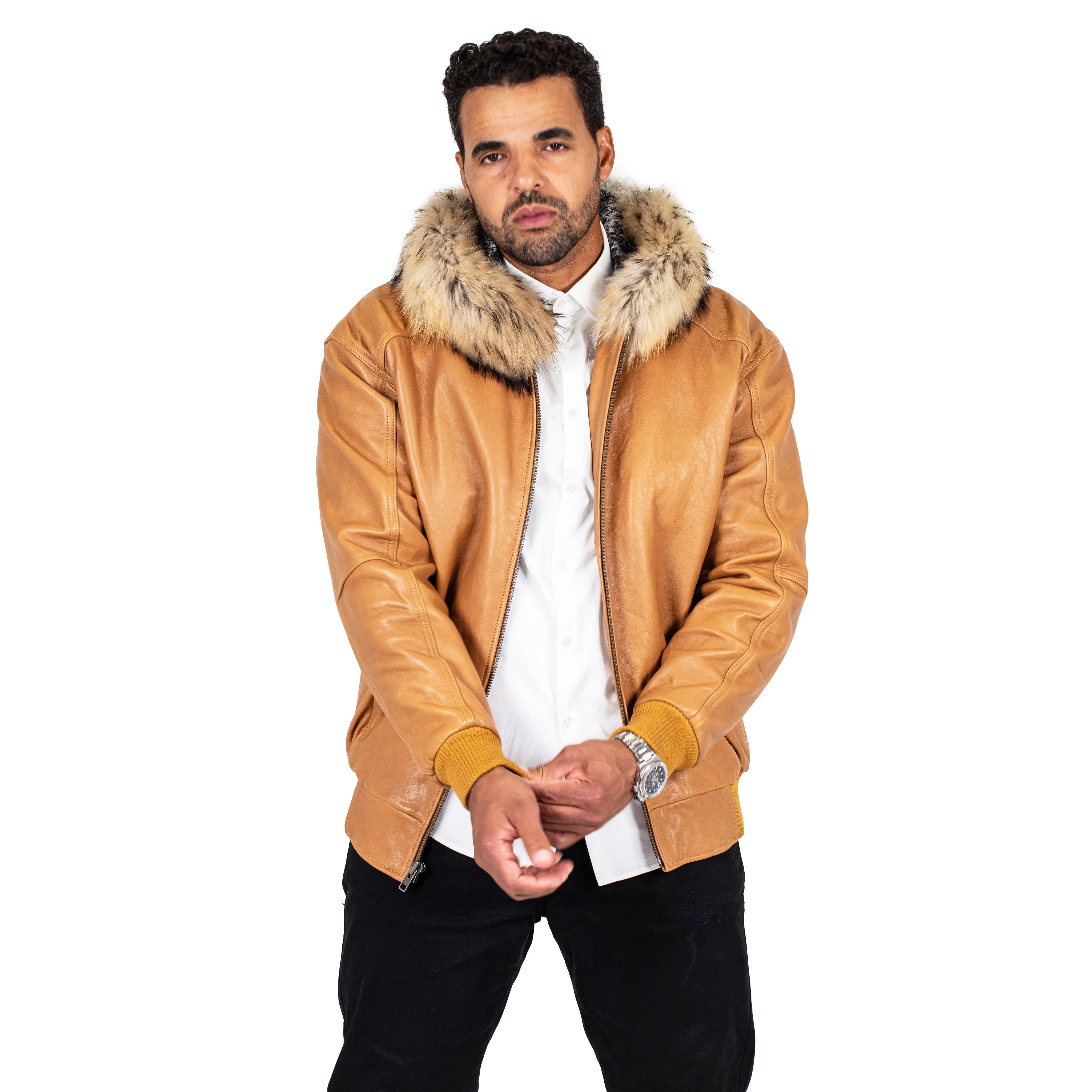 Heavyweight lambskin leather jacket with fox fur trimmed hood Style #2066F