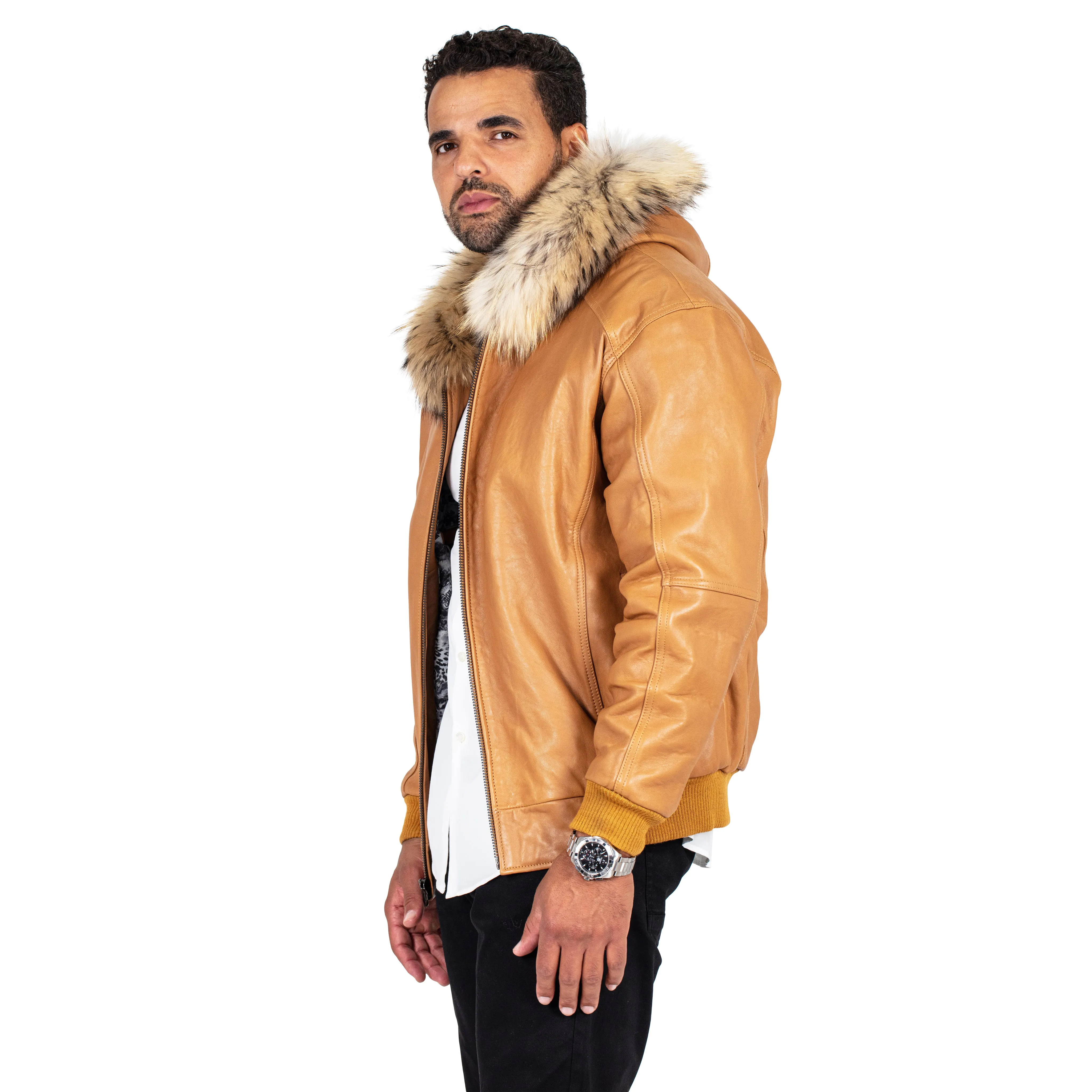 Heavyweight lambskin leather jacket with fox fur trimmed hood Style #2066F