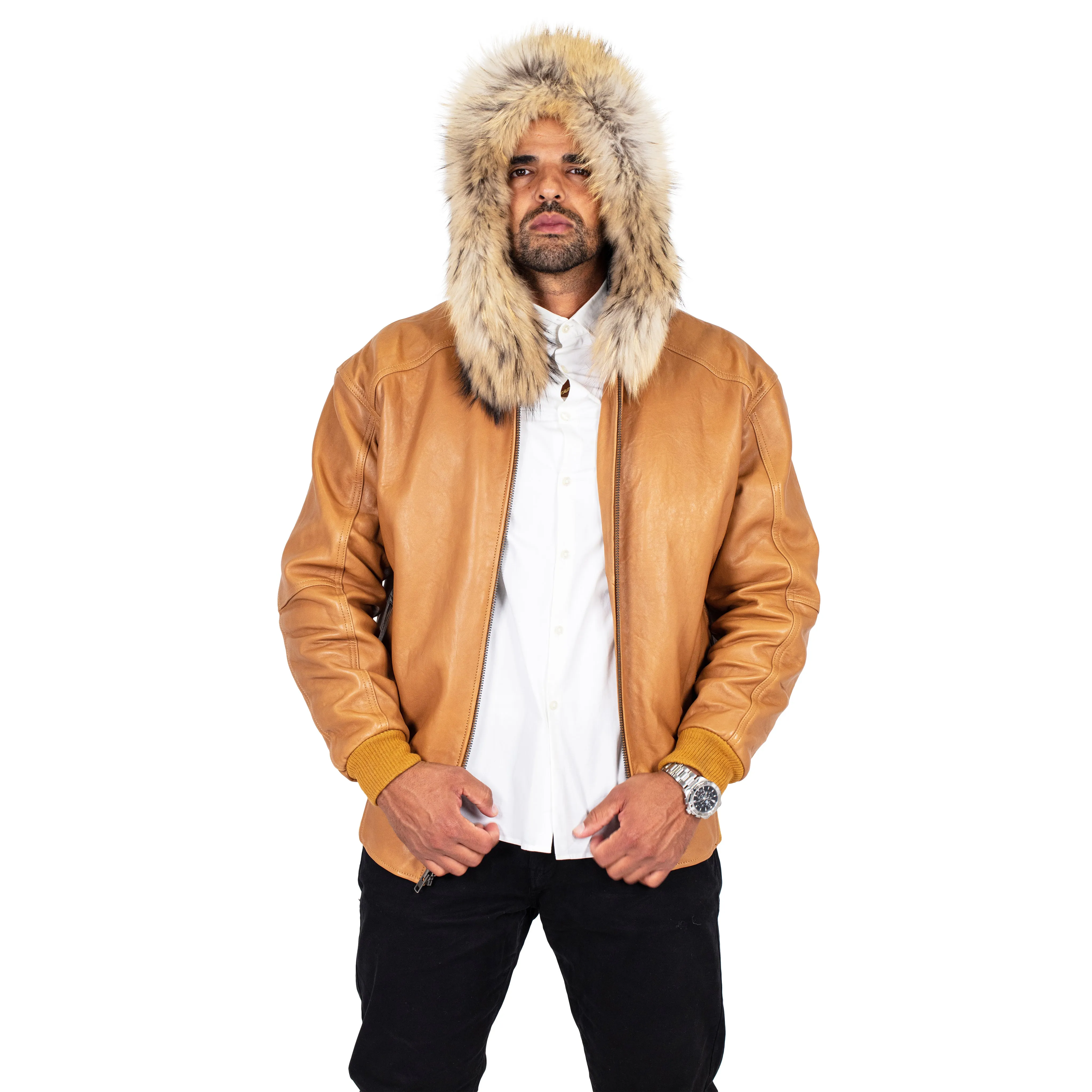 Heavyweight lambskin leather jacket with fox fur trimmed hood Style #2066F