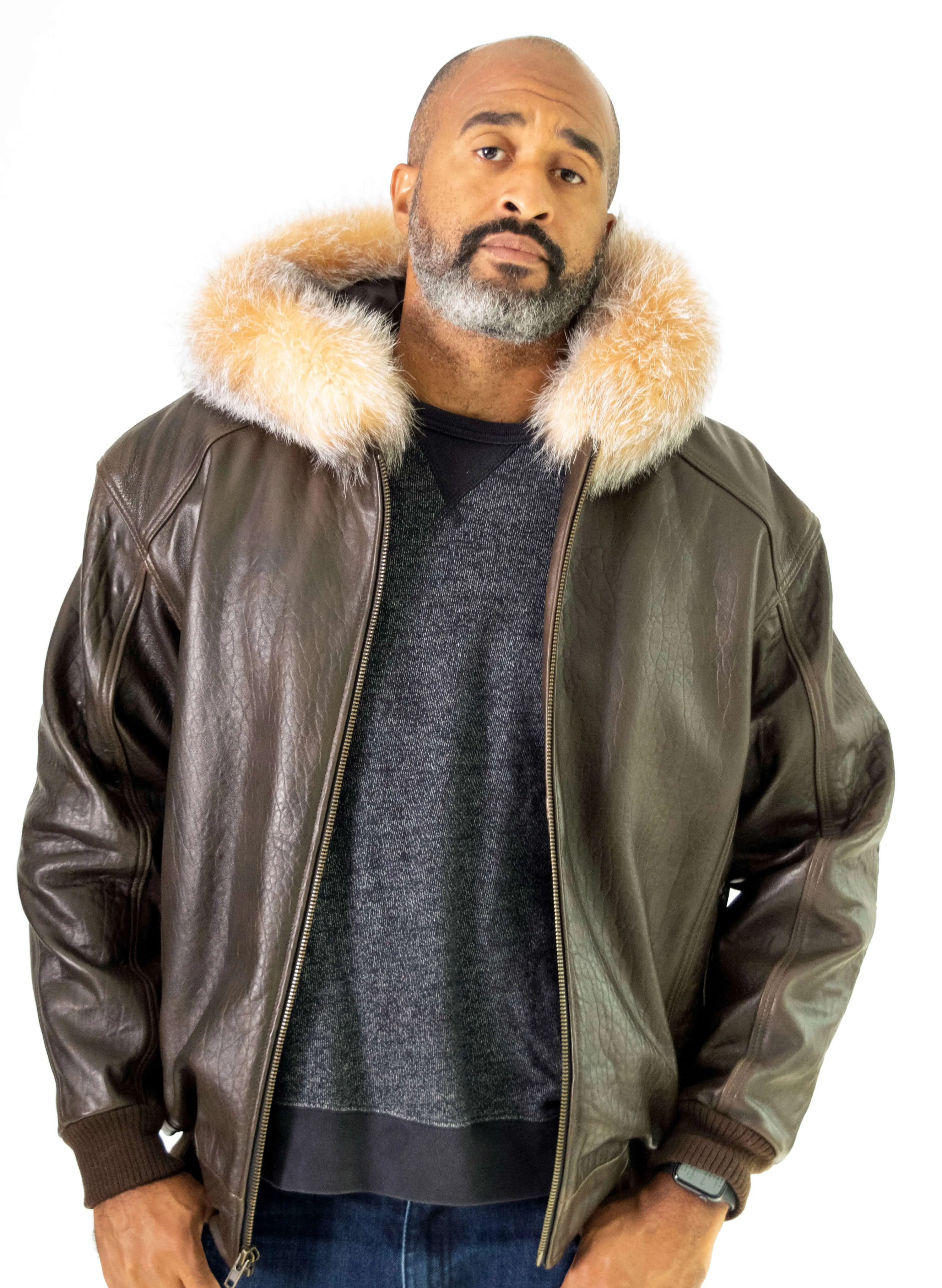 Heavyweight lambskin leather jacket with fox fur trimmed hood Style #2066F