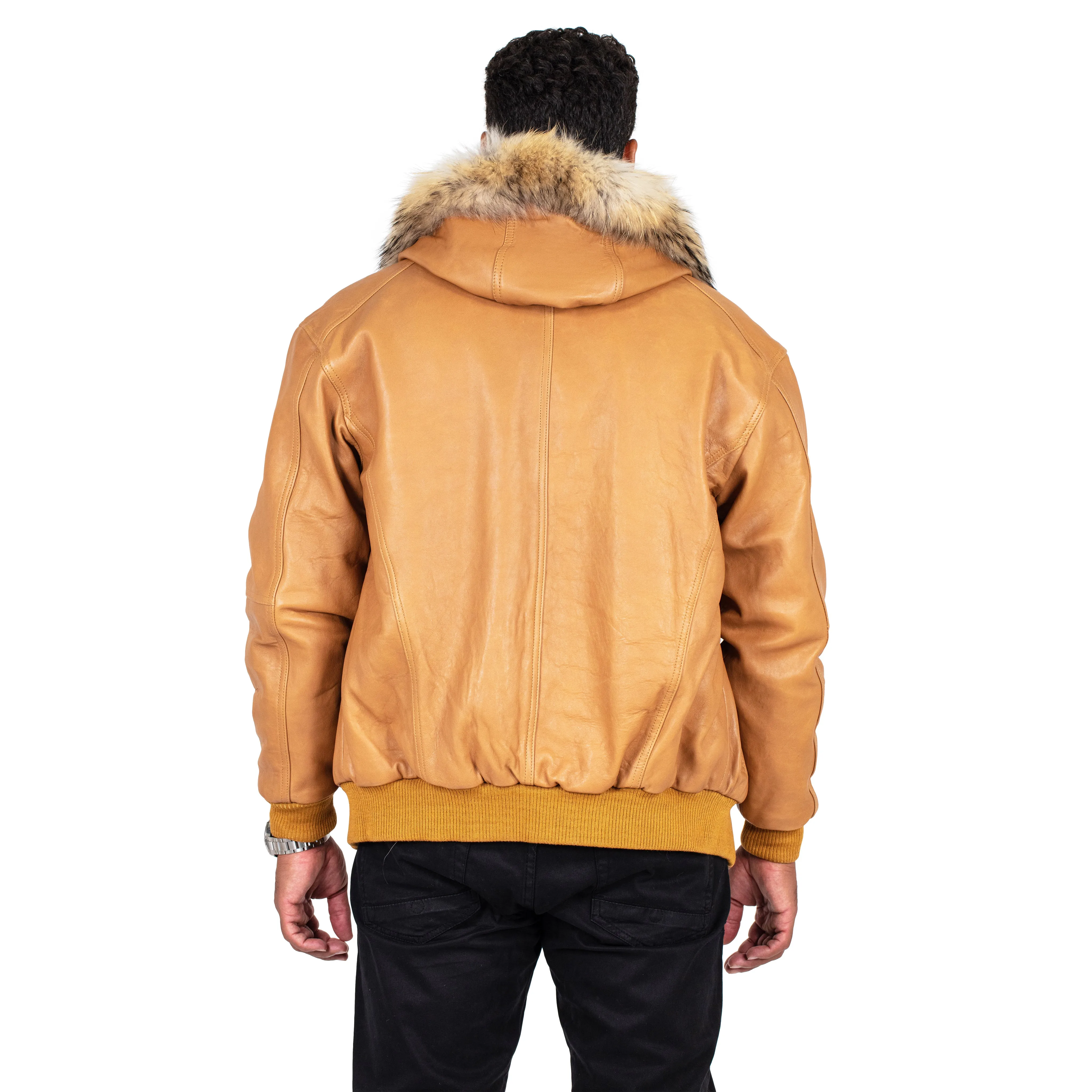 Heavyweight lambskin leather jacket with fox fur trimmed hood Style #2066F