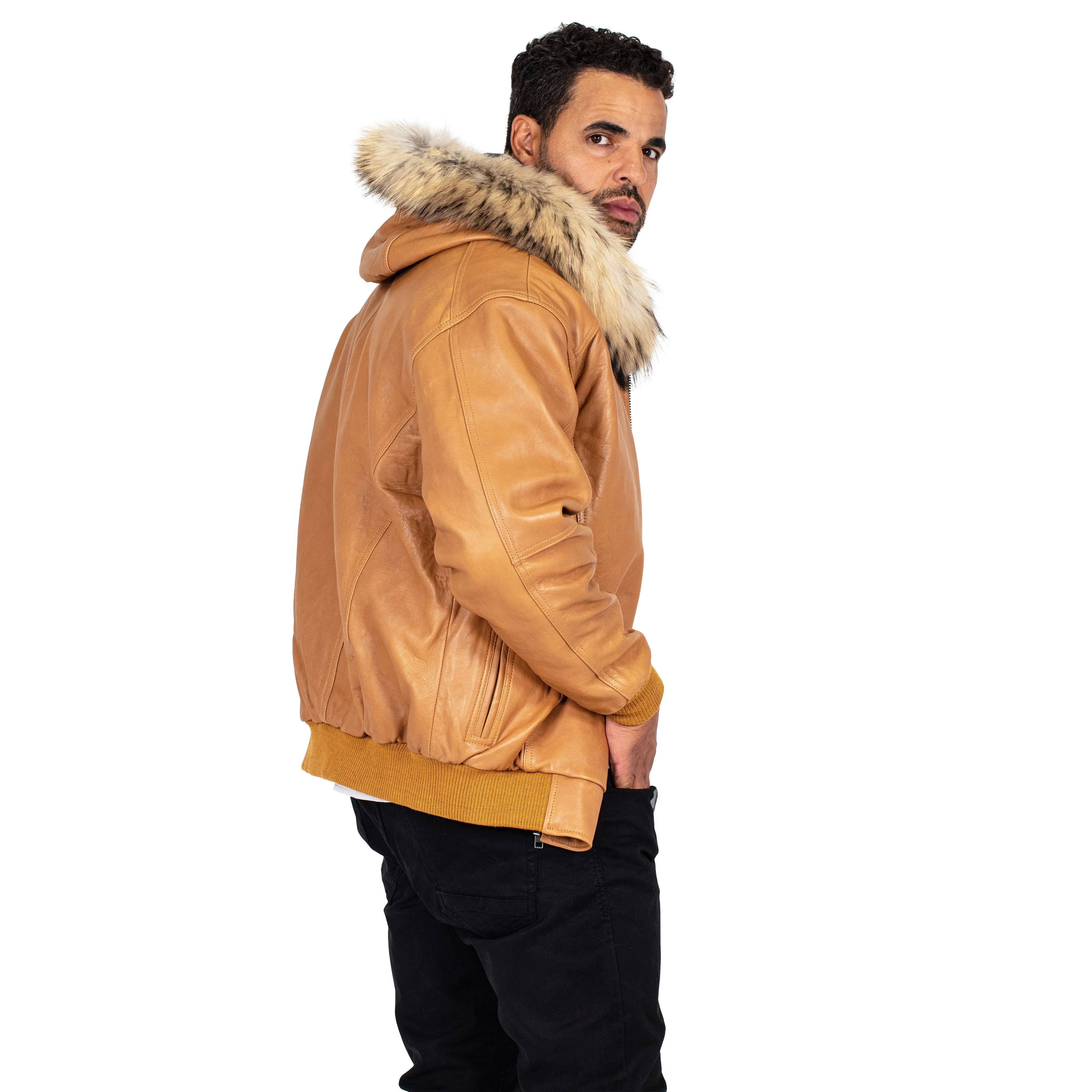 Heavyweight lambskin leather jacket with fox fur trimmed hood Style #2066F