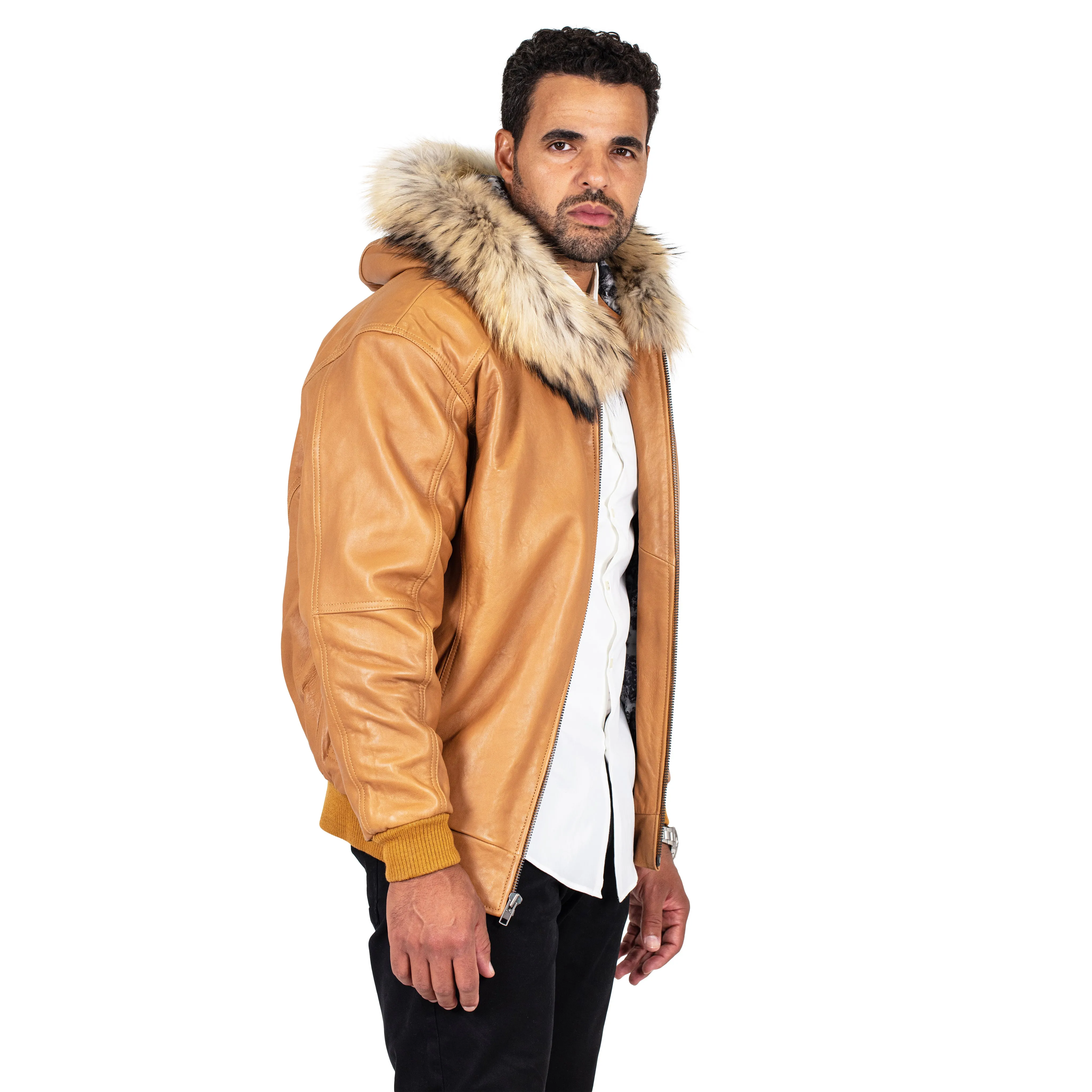 Heavyweight lambskin leather jacket with fox fur trimmed hood Style #2066F