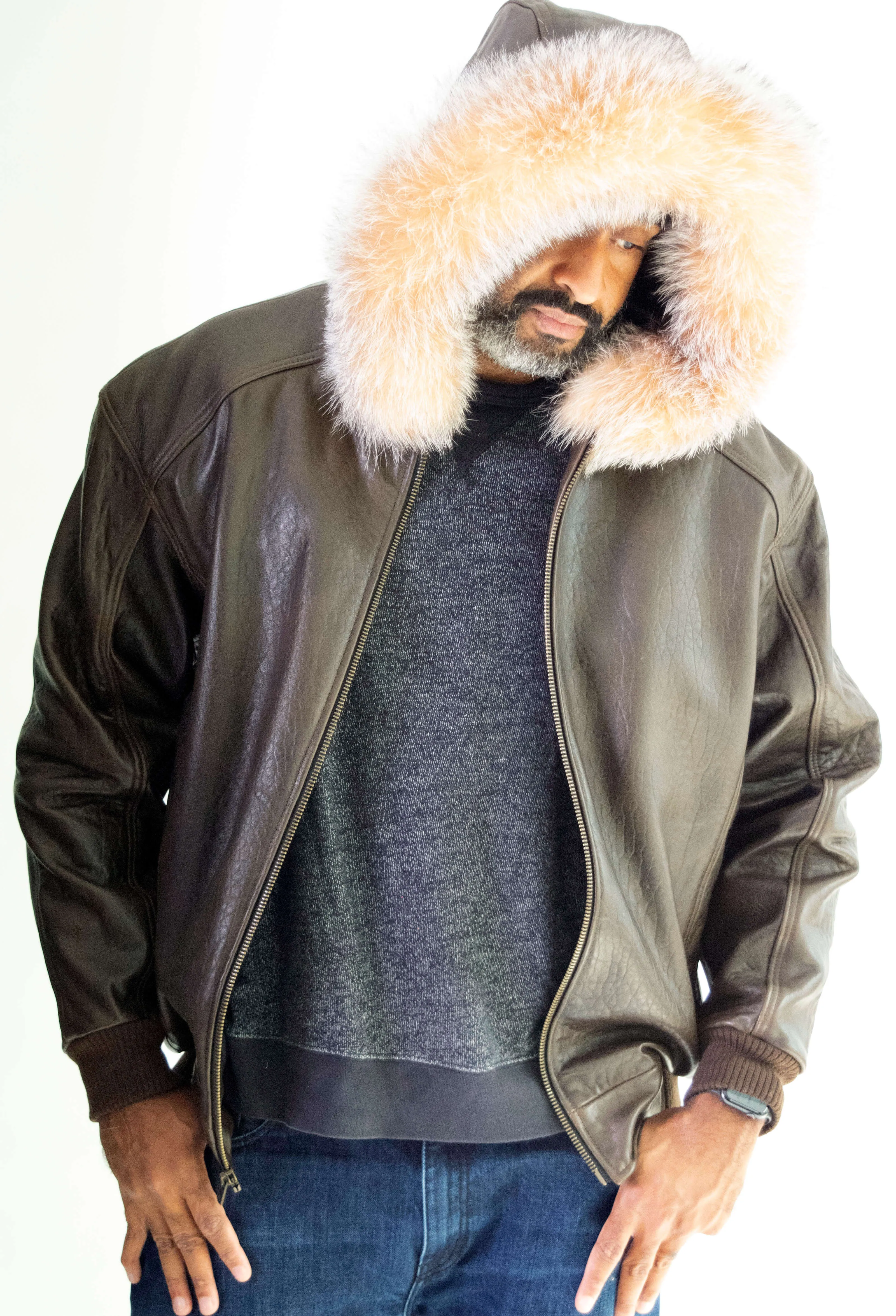 Heavyweight lambskin leather jacket with fox fur trimmed hood Style #2066F