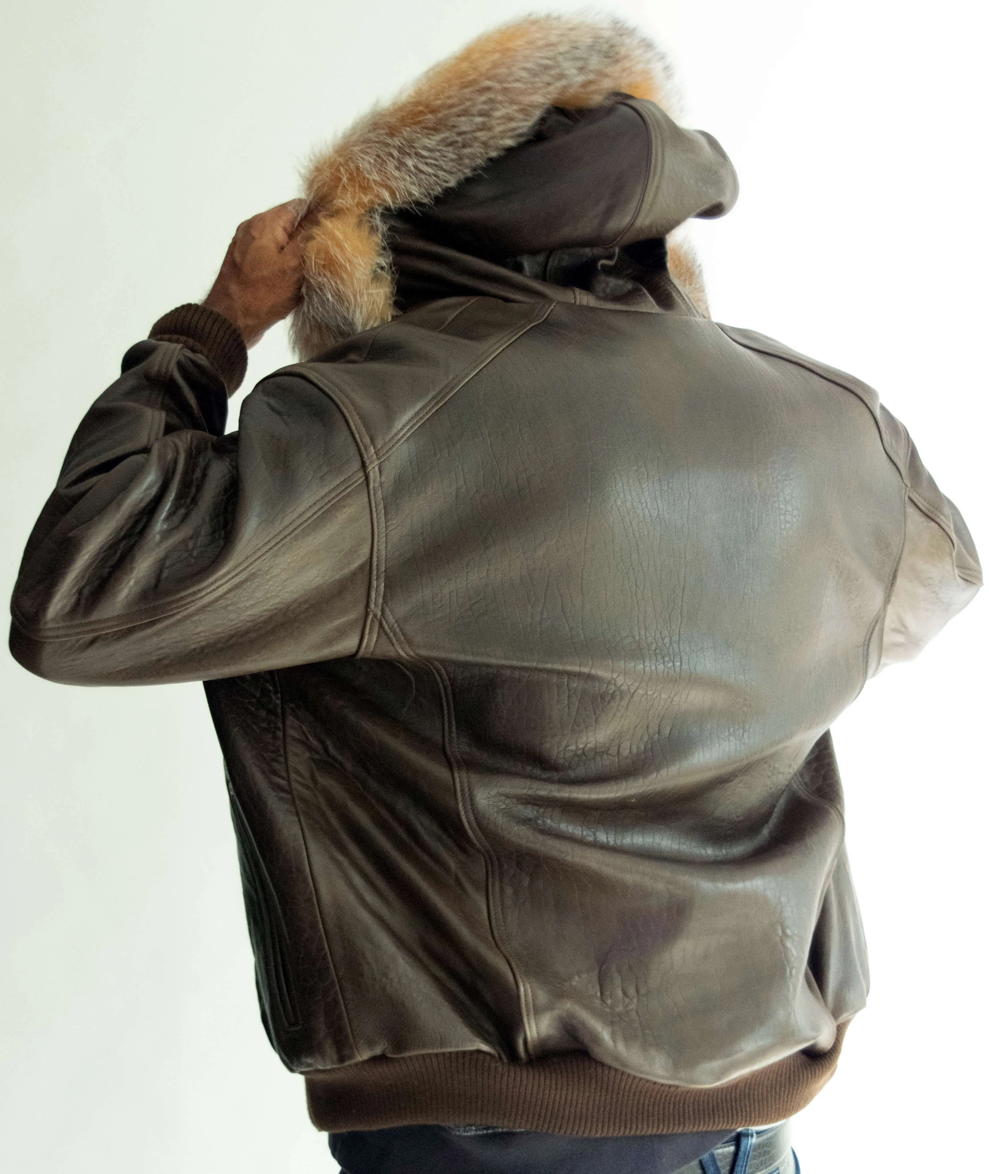 Heavyweight lambskin leather jacket with fox fur trimmed hood Style #2066F