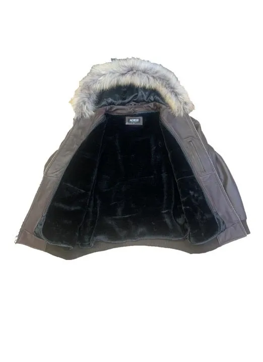 Heavyweight lambskin leather jacket with fox fur trimmed hood Style #2066F