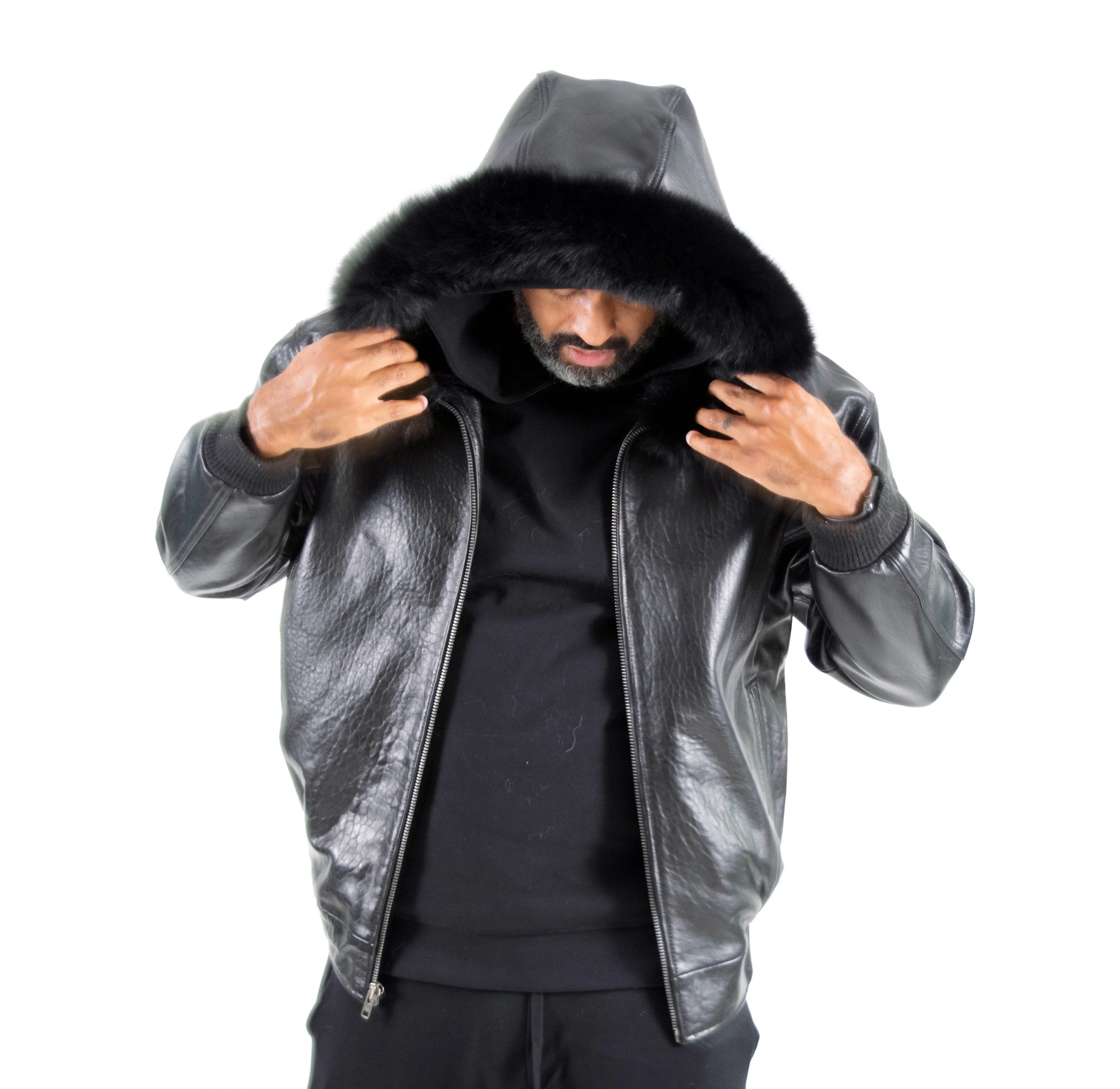 Heavyweight lambskin leather jacket with fox fur trimmed hood Style #2066F