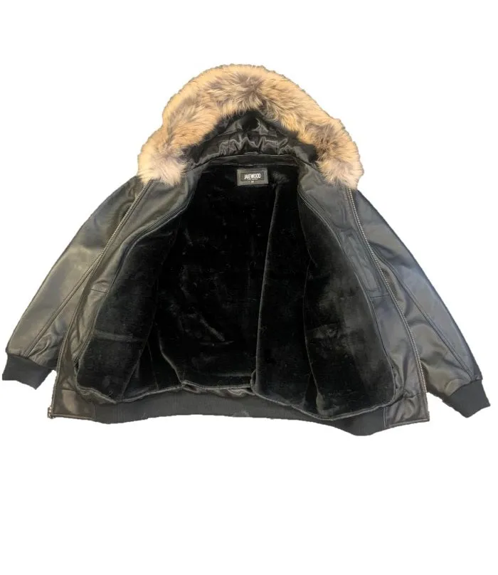 Heavyweight lambskin leather jacket with fox fur trimmed hood Style #2066F