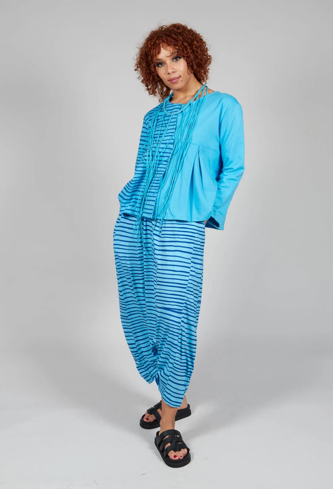 Jersey Drop-Crotch Trousers in Turquoise with Blue Lines