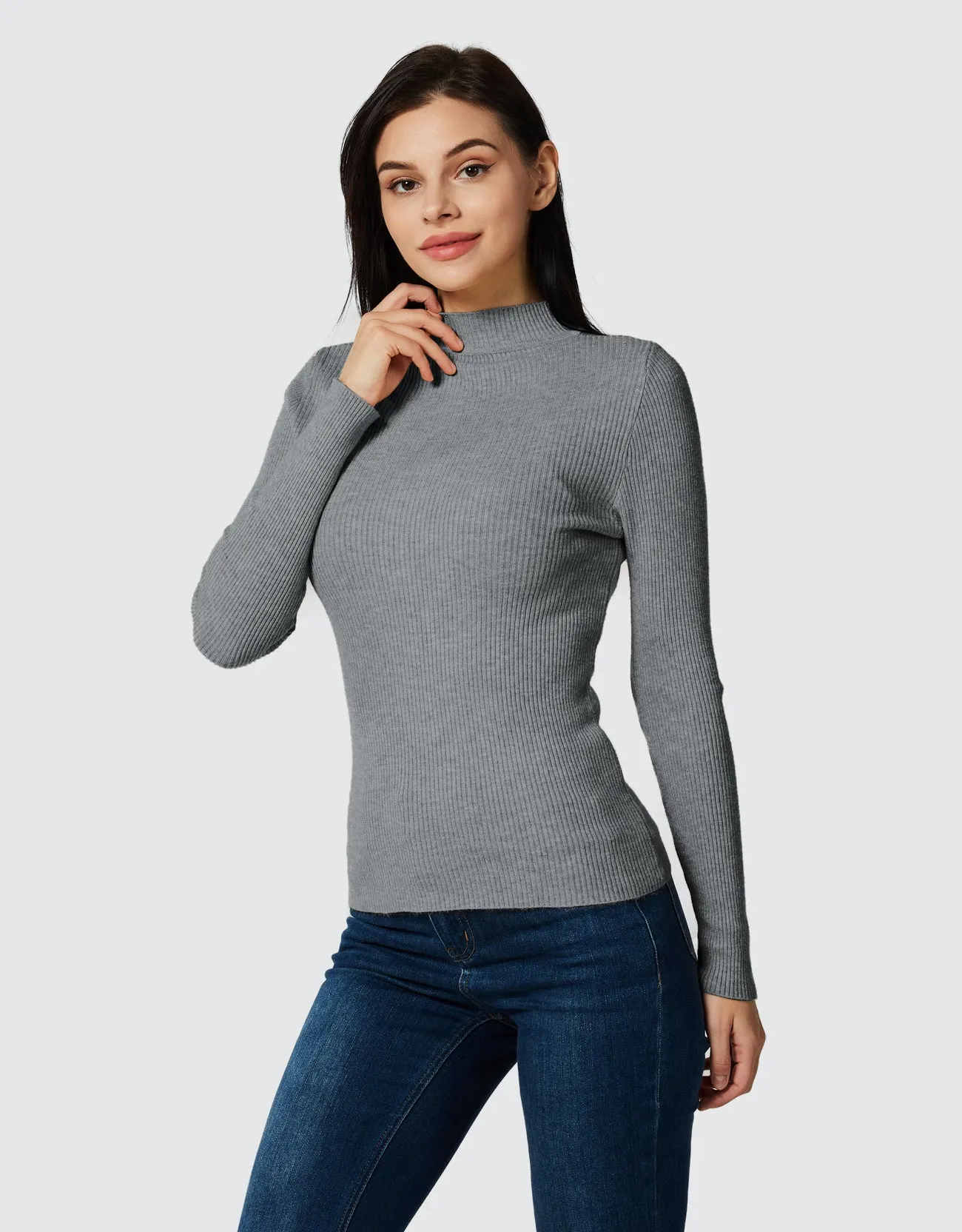 Lightweight Ribbed Mock Turtleneck for Women-Slim Fit