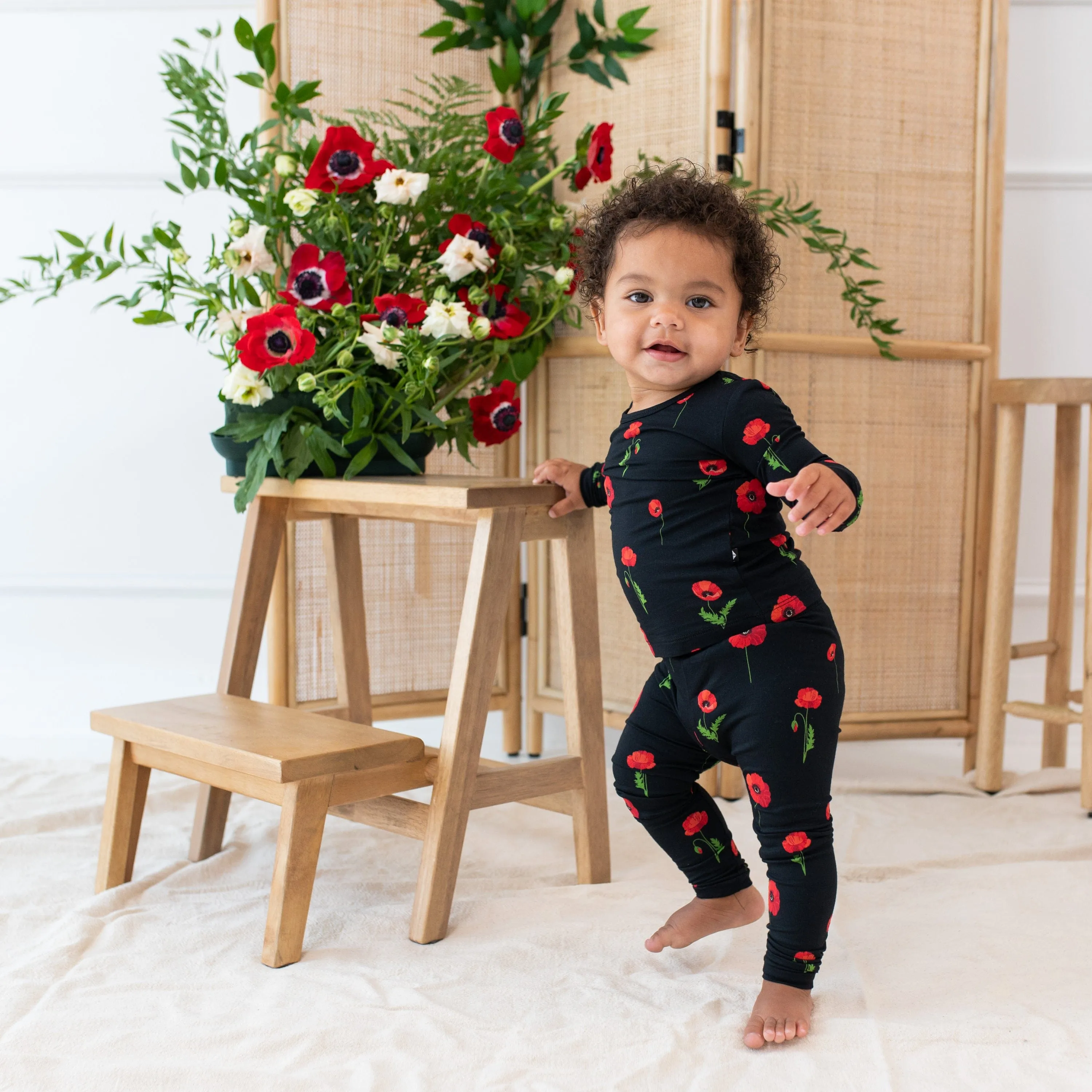 Long Sleeve Pajamas in Midnight Poppies