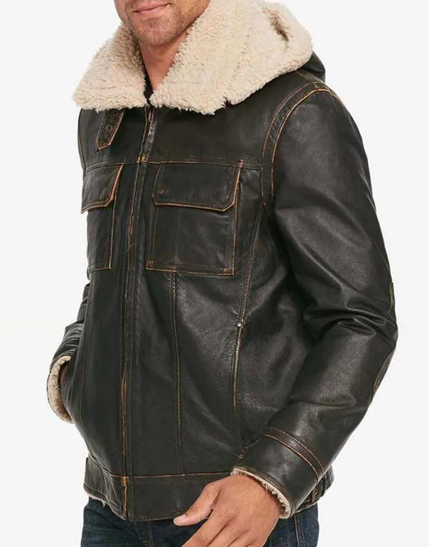 Men's Brown Waxed Hooded Aviator Jacket | Ujackets.com