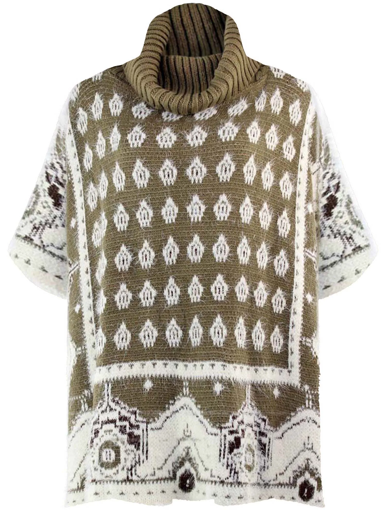 Mixed Pattern Fuzzy Knit Turtleneck Poncho