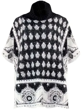 Mixed Pattern Fuzzy Knit Turtleneck Poncho