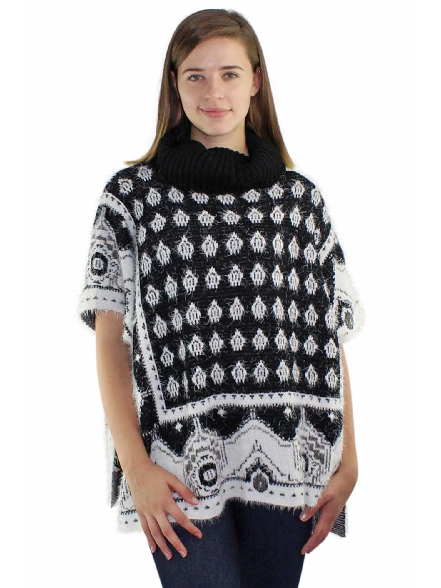 Mixed Pattern Fuzzy Knit Turtleneck Poncho