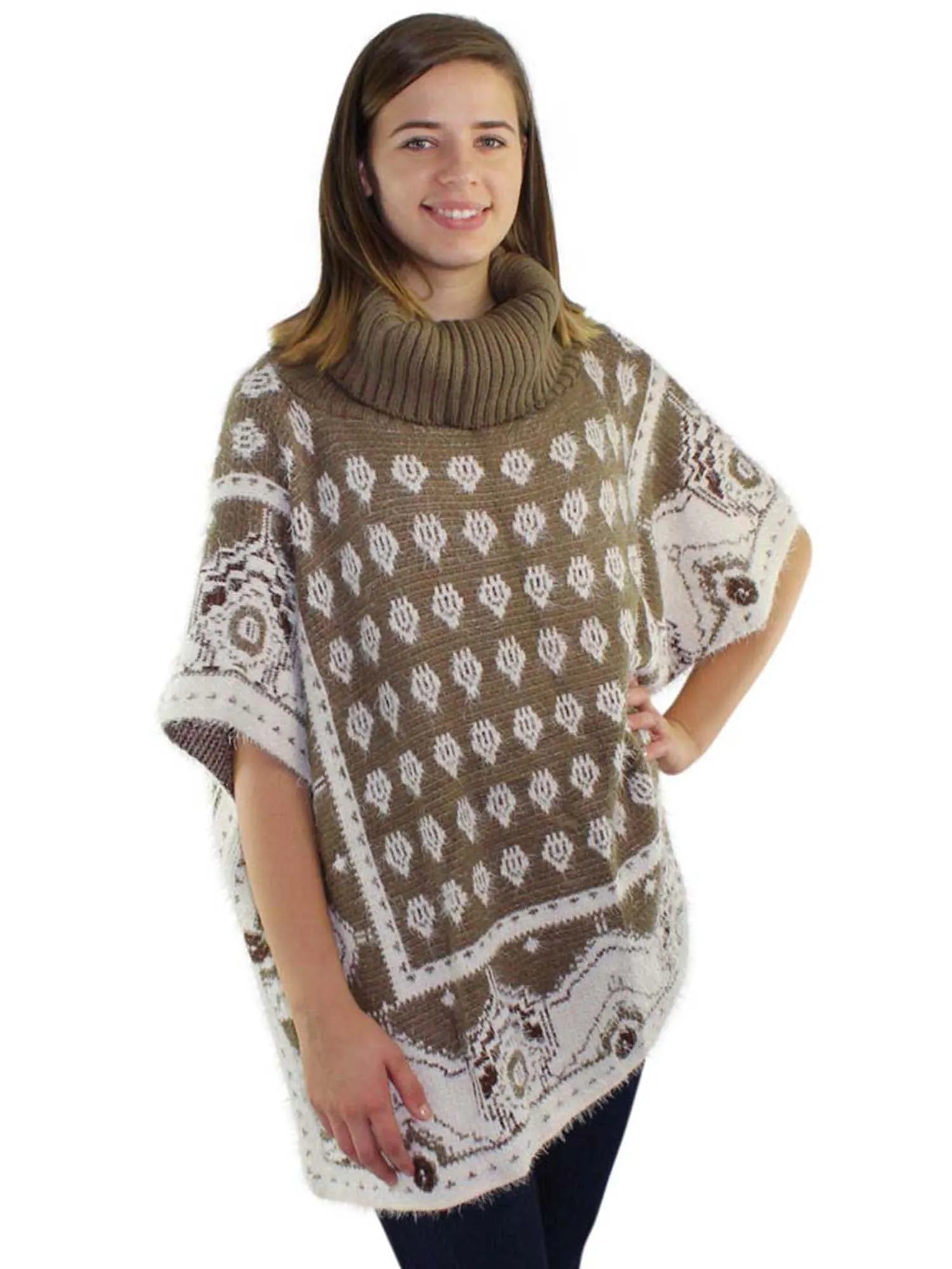 Mixed Pattern Fuzzy Knit Turtleneck Poncho