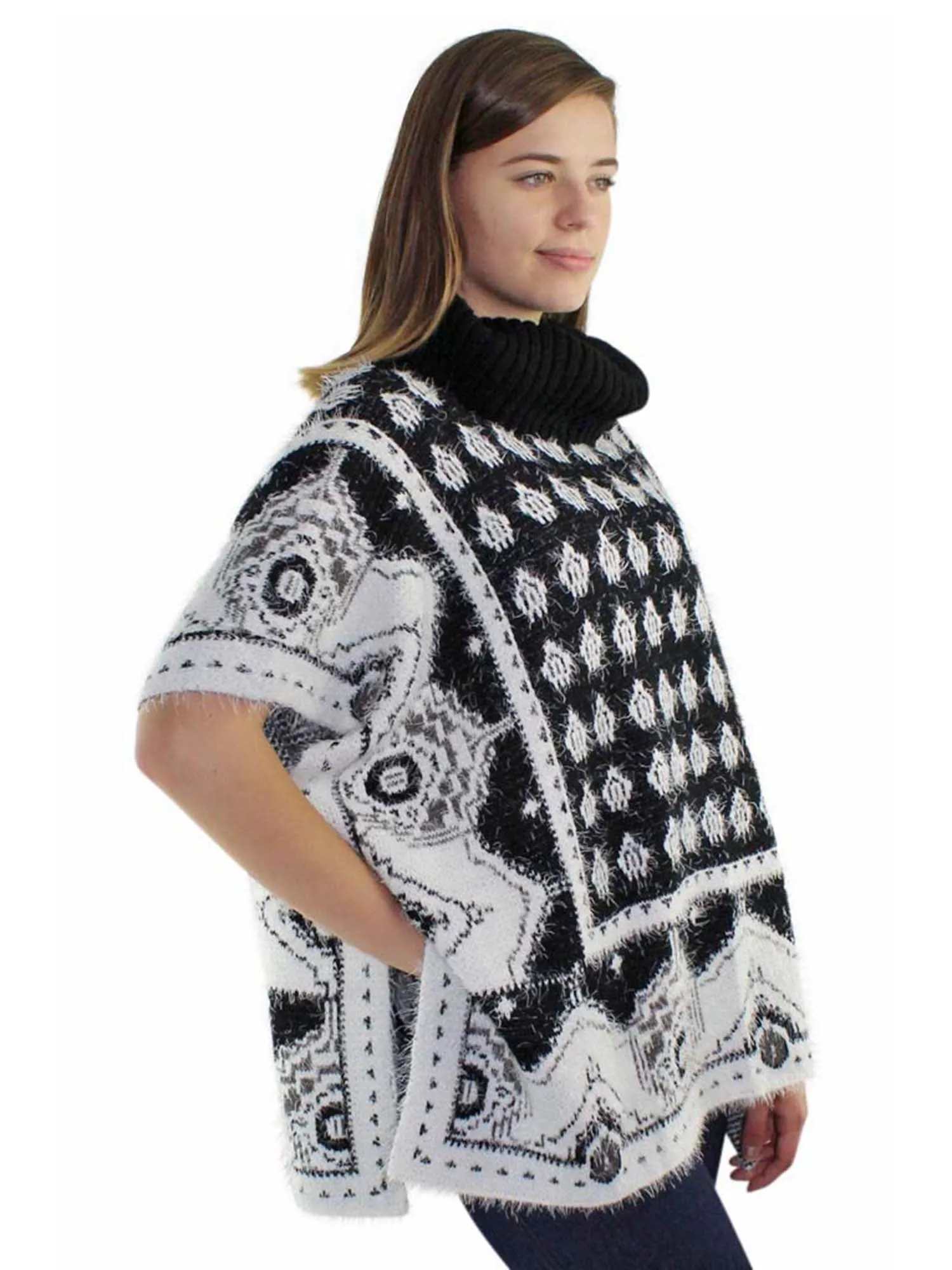 Mixed Pattern Fuzzy Knit Turtleneck Poncho