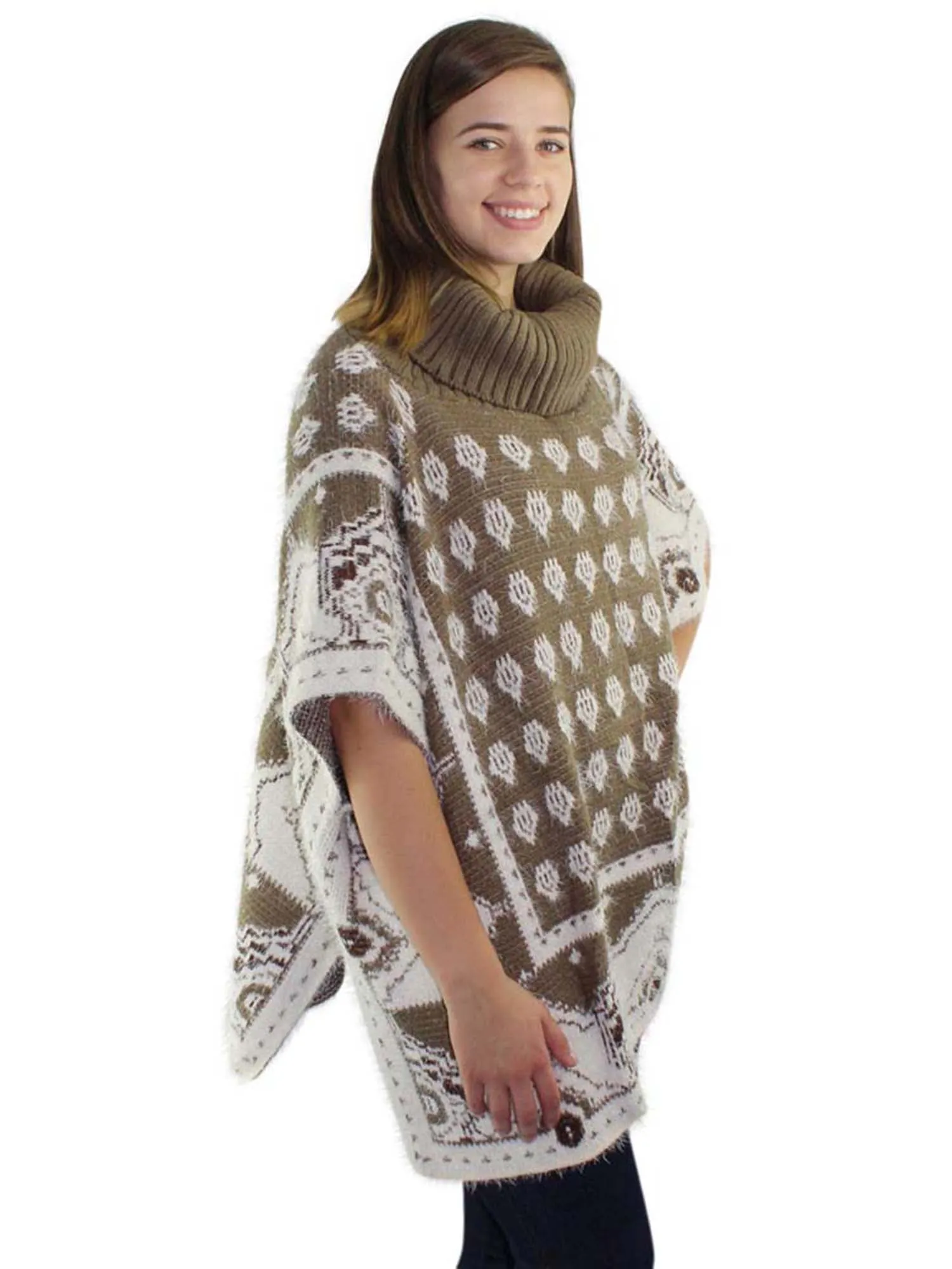 Mixed Pattern Fuzzy Knit Turtleneck Poncho