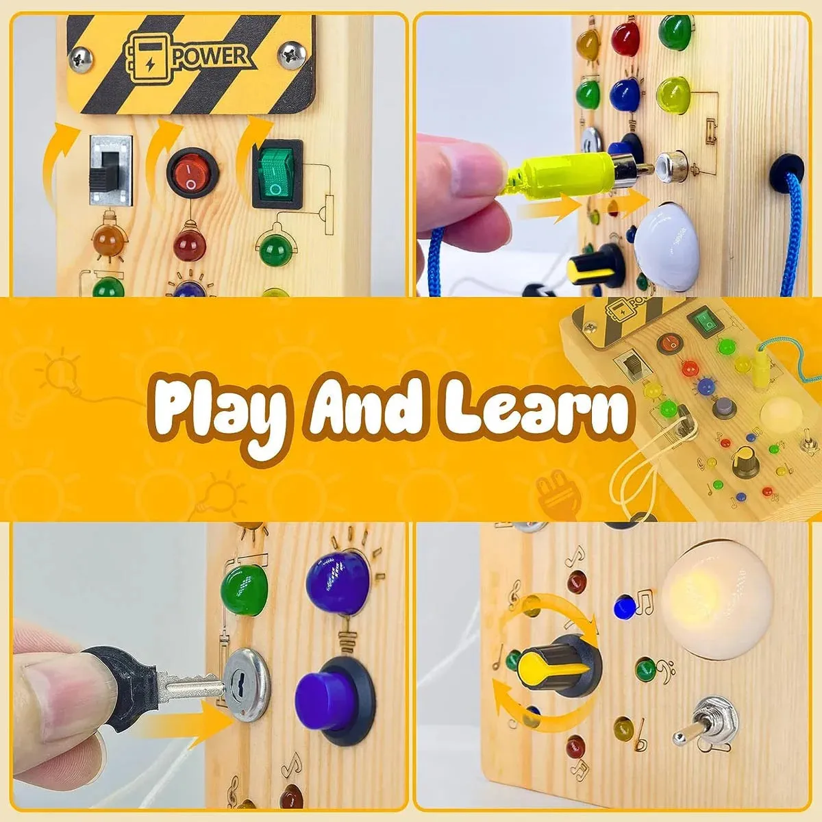 Montessori Busy Board Sensory Toys Wooden with LED Light Switch Control Board Travel Activities Children Games for 2-4 Years Old