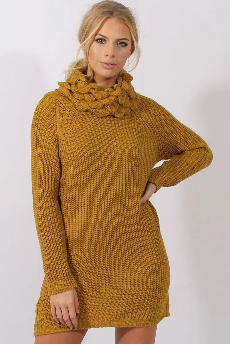 Mustard Chunky Turtleneck Knit Jumper Dress - Cloe